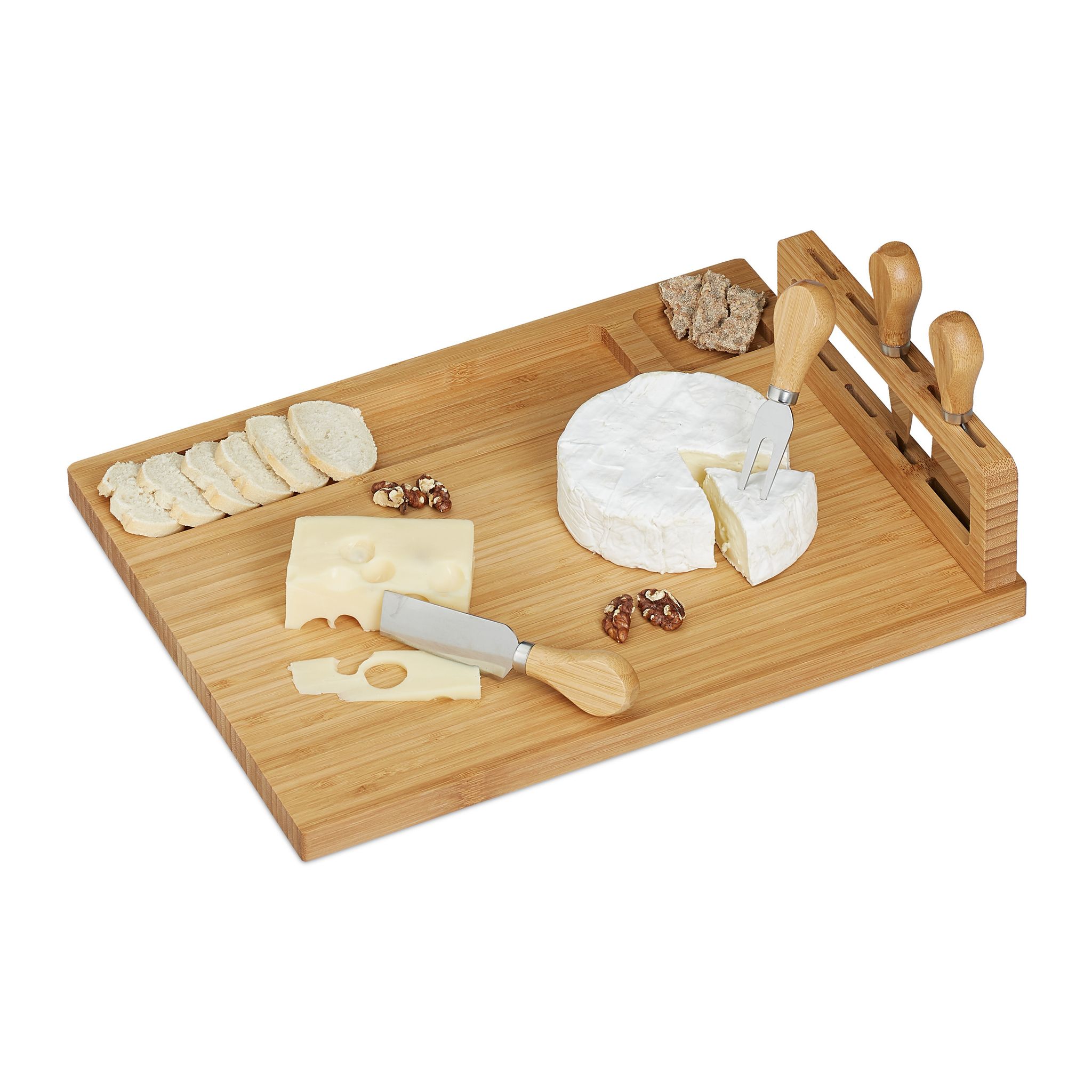 Formaggiera & Posate, Forchetta, Spatola E 2 Coltelli Da Formaggi Morbidi & Duri, Bambù, Accio Inox, Naturale - Relaxdays