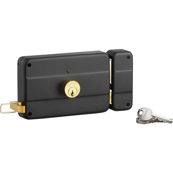 Serrure Horizontale En Applique Double Entrée À Tirage Pour Porte D'Entrée, Droit, 140x90mm, Axe 70mm, Noir, 3 Clés - Thirard