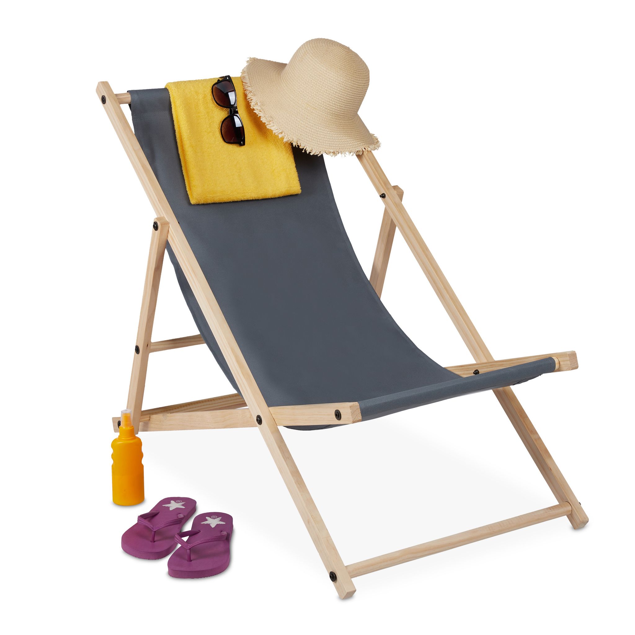 Relaxdays Sdraio In Legno, Sedia Da Spiaggia, Fodera In Tessuto, Pieghevole E Regolabile, Spiaggia, Balcone, Antracite