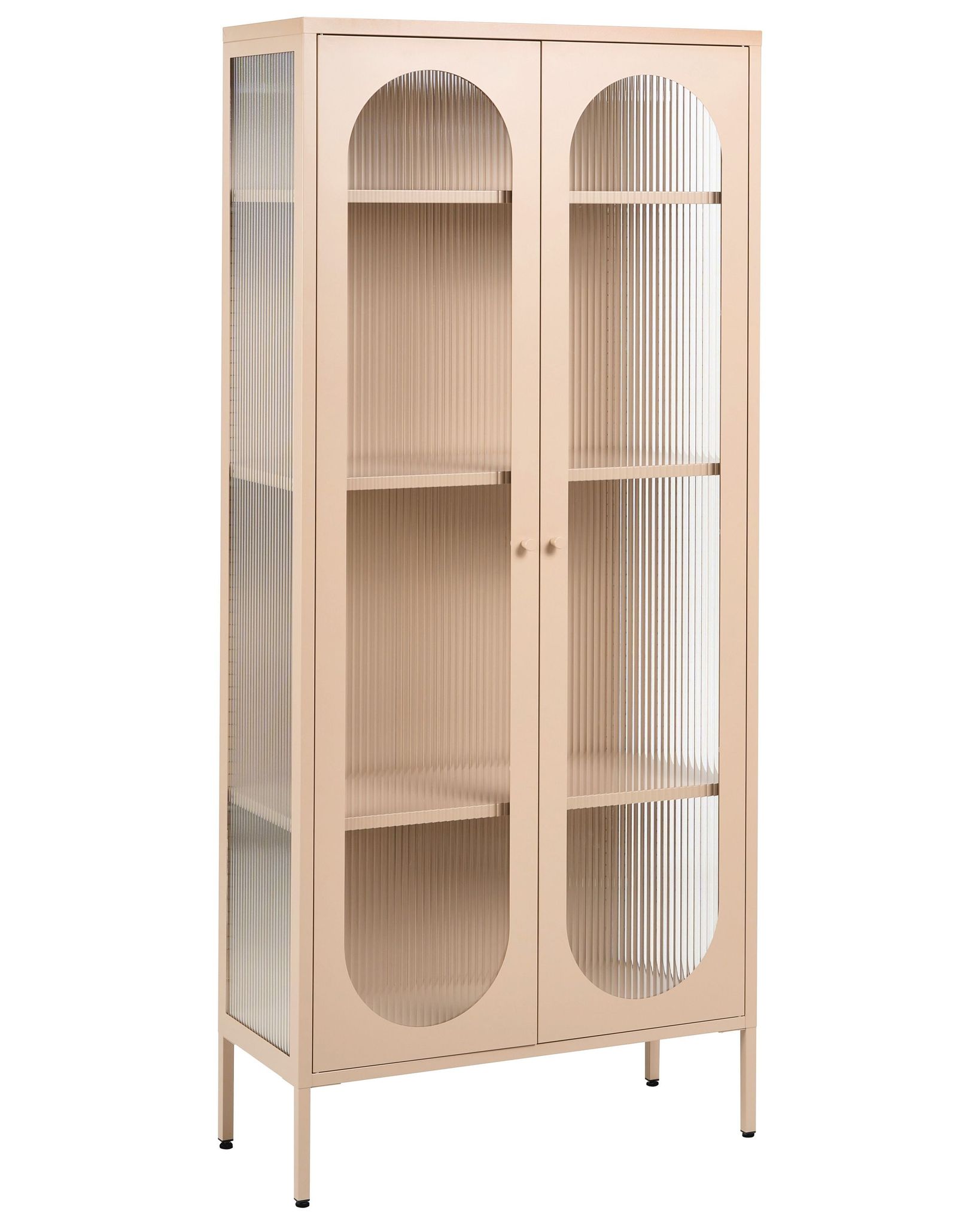 Beliani Office Cabinet Beige Steel 80 X 35 X 181 Cm Metal 2 Doors Glass Front And Sides Display Foxton