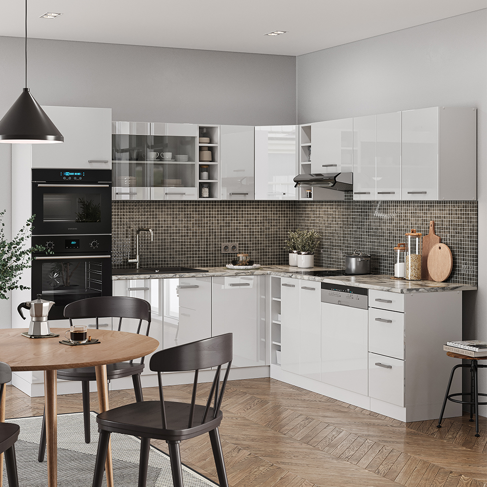 Vicco - Cuisine en angle R-Line, blanc brillant/blanc, 237 x 60 cm sans plan de travail