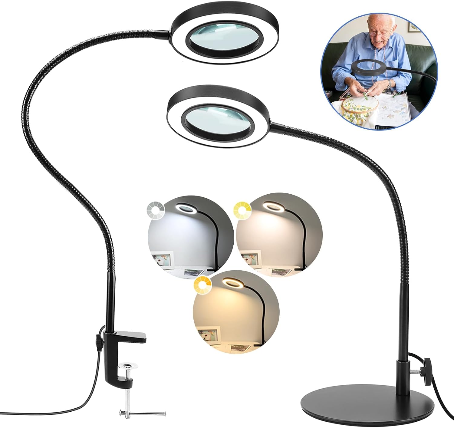 Lampe loupe ANKON 2-en-1, lentille verre 5X 3,2", 12W 48 LED, 3 modes, pince et base