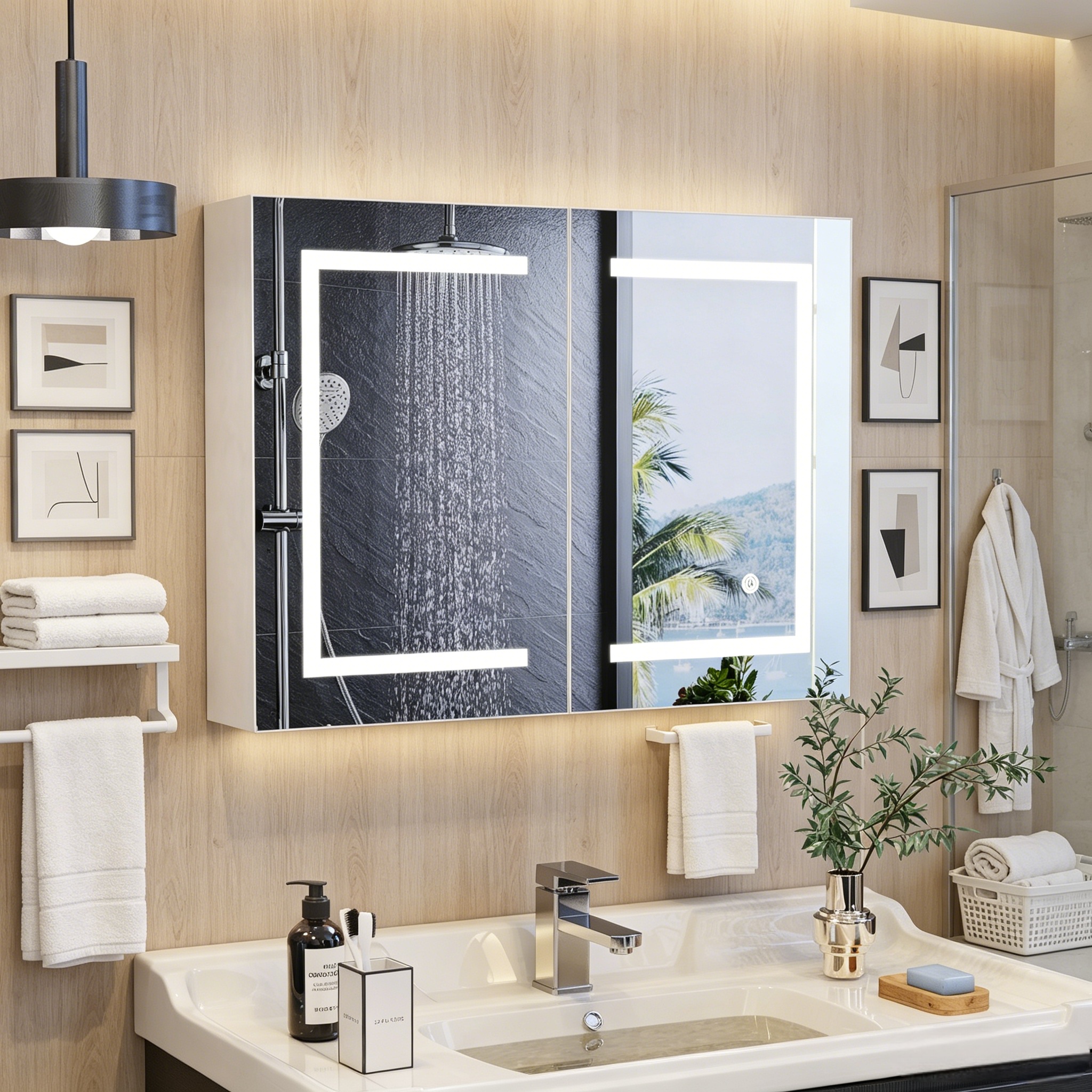 Jookgbd–armoire Toilette Miroir Led Anti-buée,double Porte,étagère