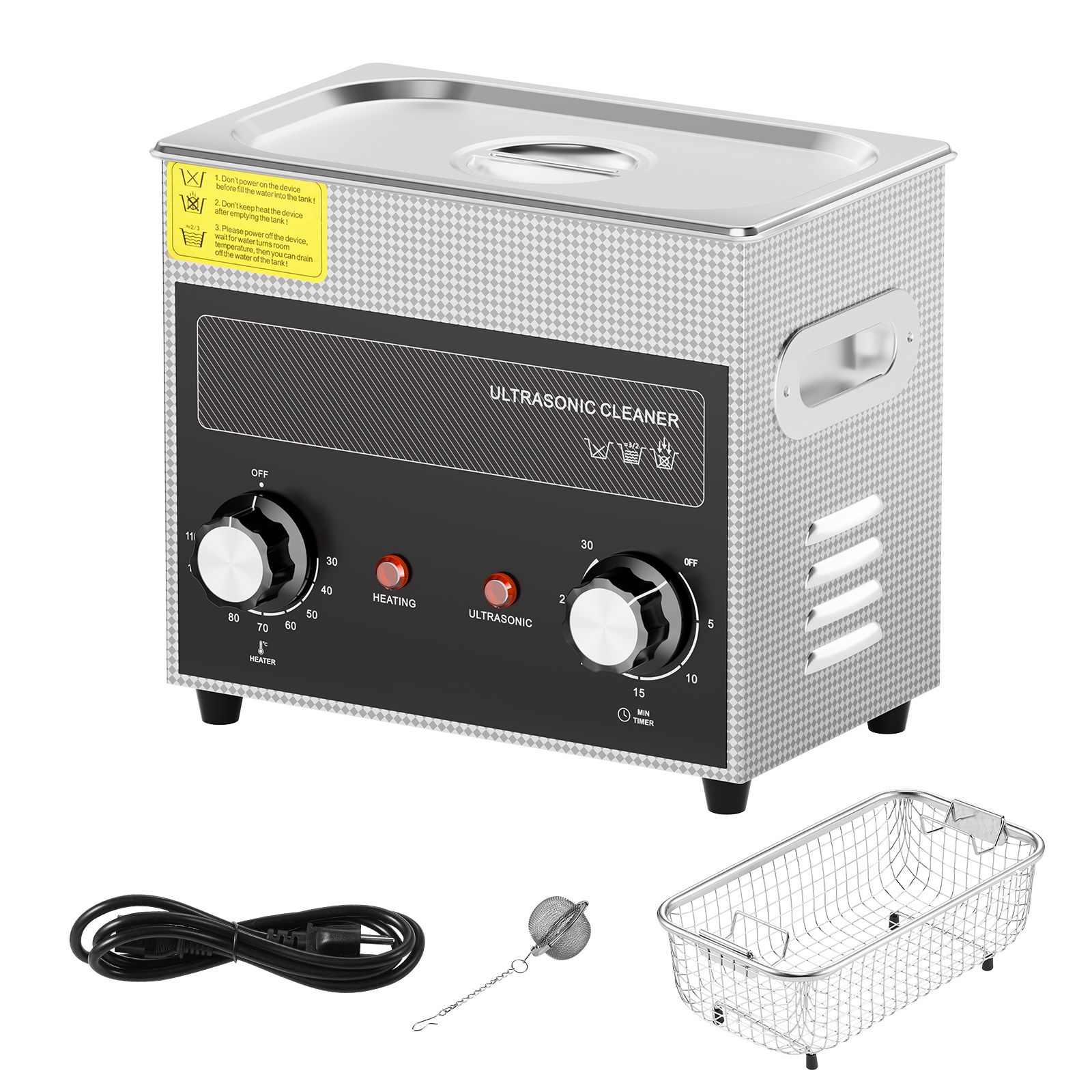 Nettoyeur ultrasonique 3 L avec chauffage et minuterie, 120 W, 40 kHz, cuve inox pour montres, lunettes et pièces métalliques