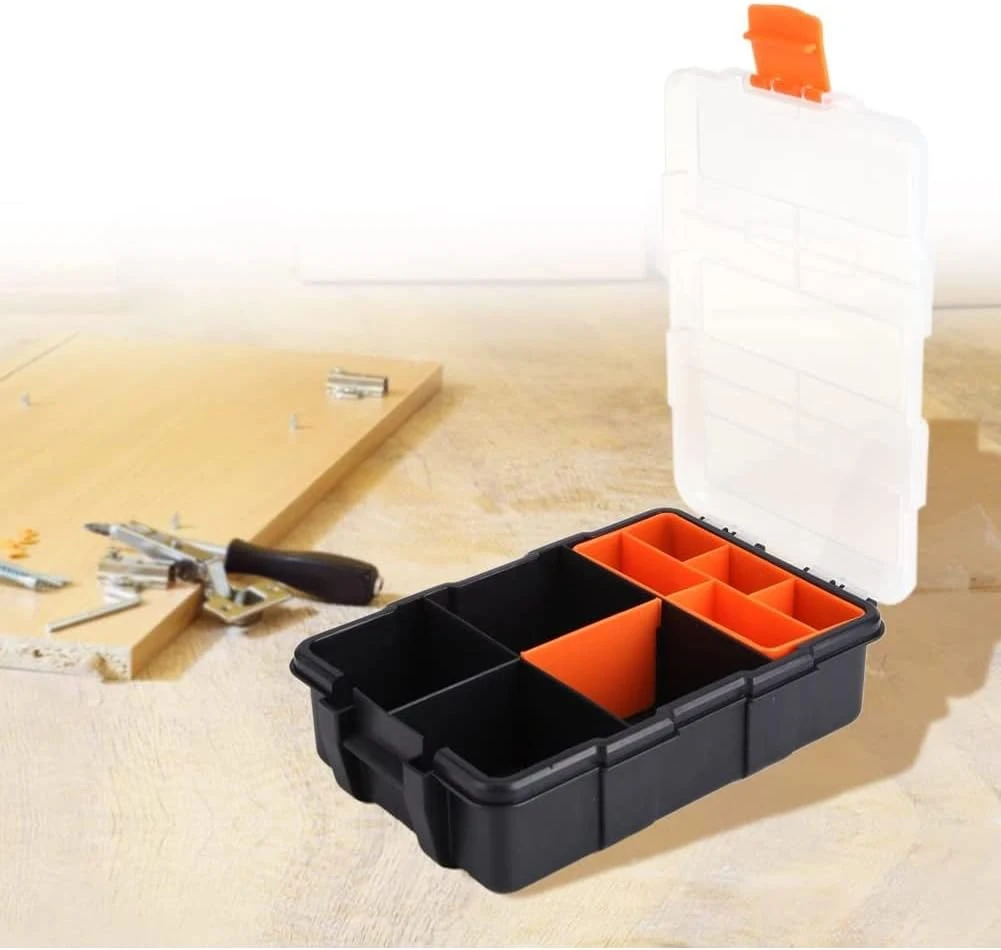 Boîte à outils en plastique PP à 11 compartiments, couvercle transparent, 22 x 15,6 x 6 cm, noir et orange