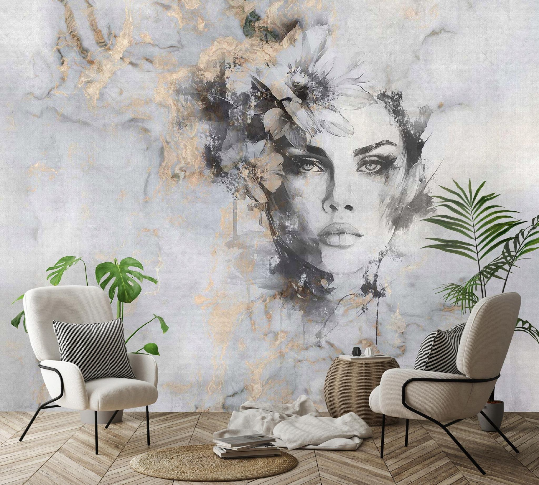 Wallarena Vlies Fototapete Frau 150x105 Cm, Tapeten, Für Wohn Und Schlafzimmer, Vliestapete Wandtapete Tapete 3d Effekt- Inkl. Kleister - Abstrakt Grau Gold
