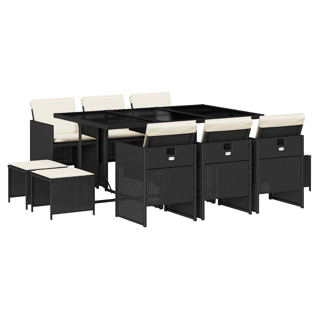 11 Piece Garden Dining Set With Cushions Black Poly Rattan Vidaxl