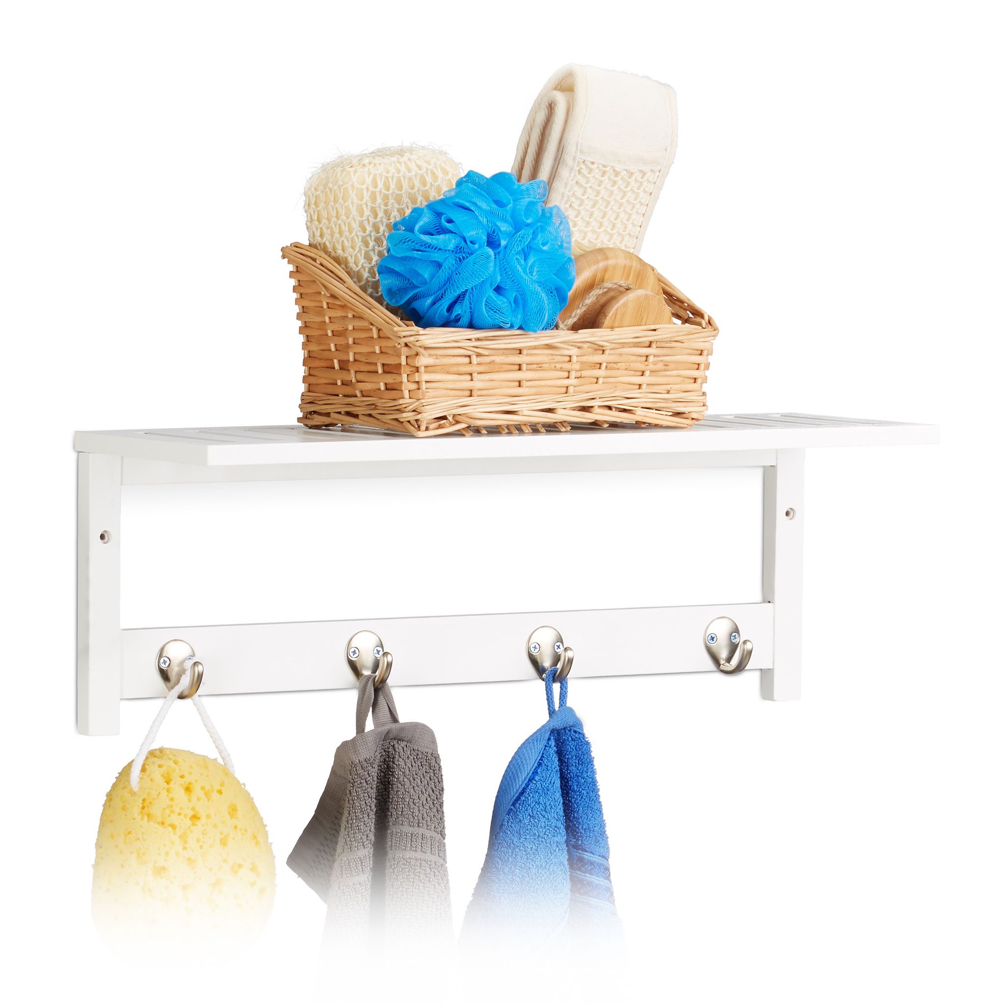 10020923 Mensola Da Parete, 4 Ganci, Hxlxp: 17,5 X 50 X 16 Cm, Bambù, Appendiabiti Ingresso, Portasciugamani, Bianco - Relaxdays