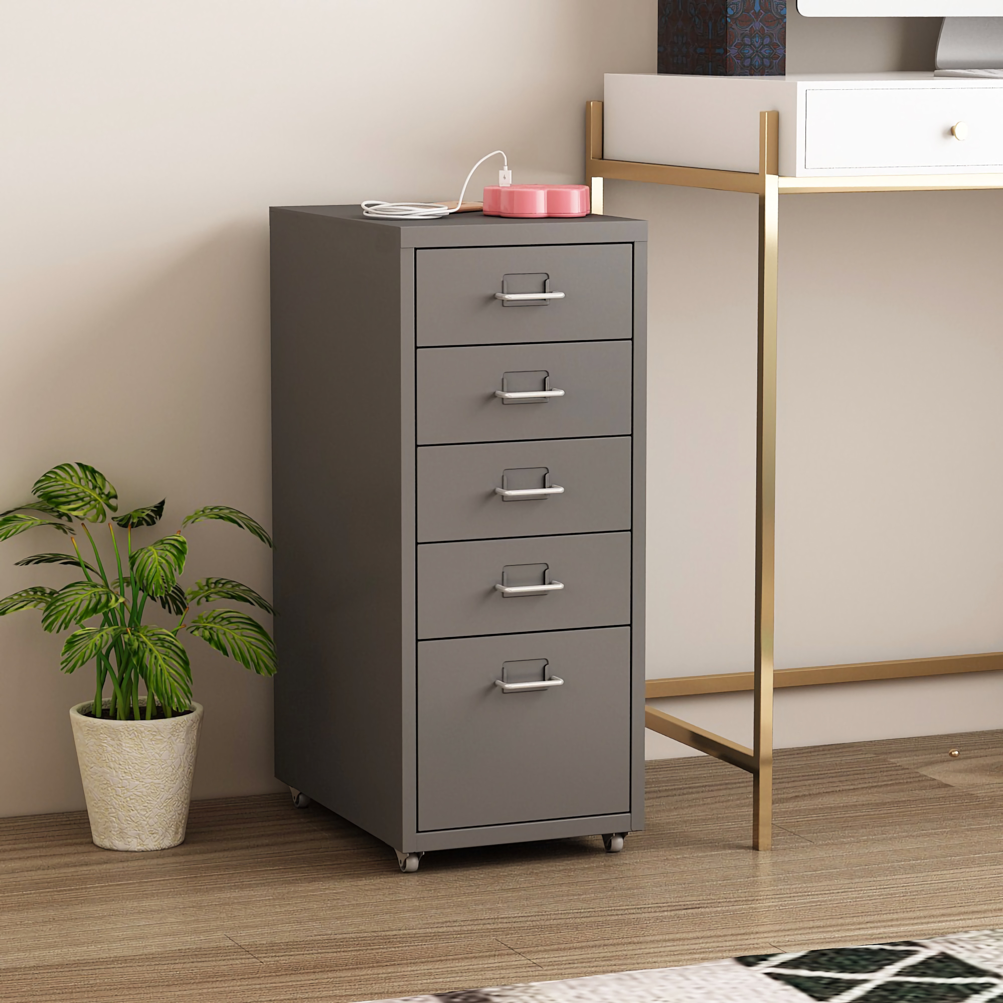 Caisson De Bureau Kökar À Roulettes Avec 5 Tiroirs 69 X 28 X 41 Cm Gris