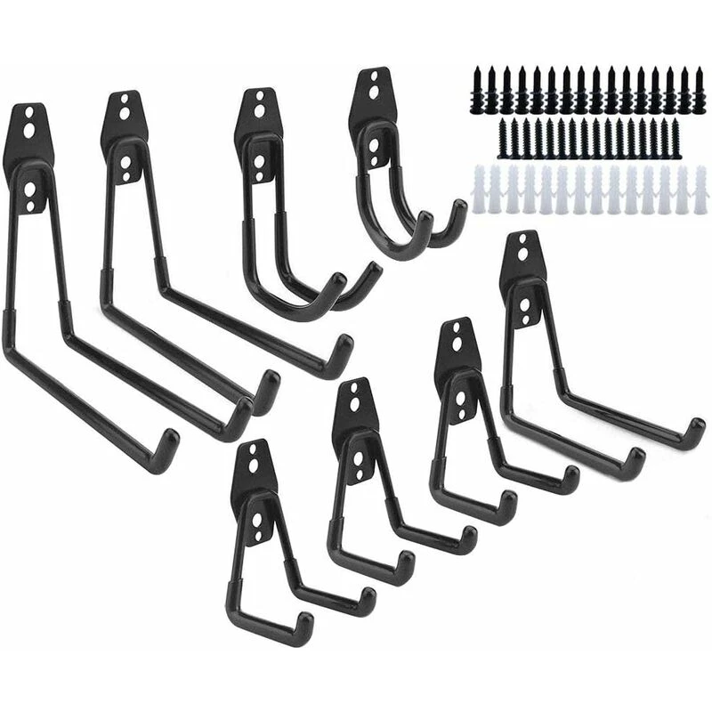Crochets muraux en U noirs pour outils, pelles et râteaux, lot de 8