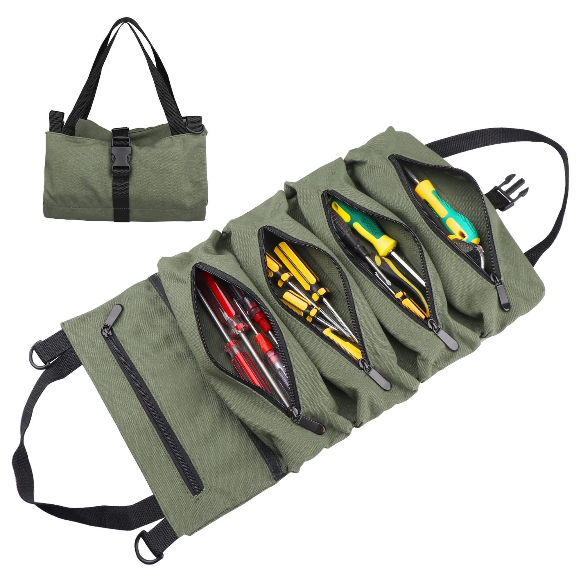 Sac à outils enroulable en tissu Oxford vert, 2 pochettes détachables, 5 sacs fixes avec anneaux en D
