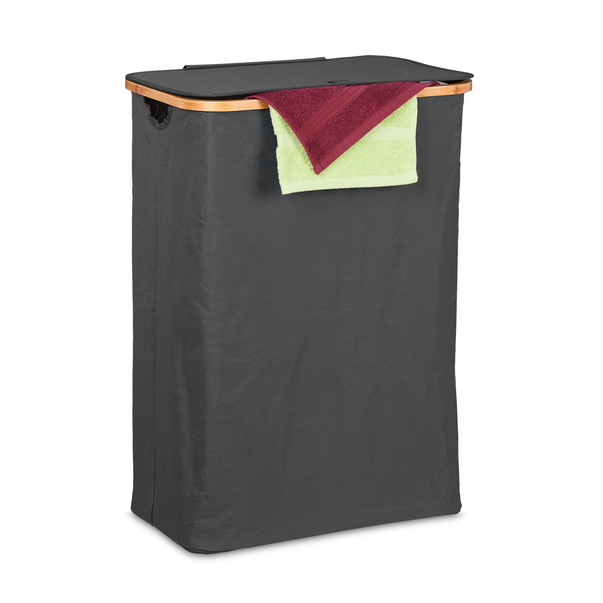 Cesto Portabiancheria Con Coperchio, 105 L, Contenitore Pani In Bambù E Poliestere, Pieghevole, Nero Marrone - Relaxdays