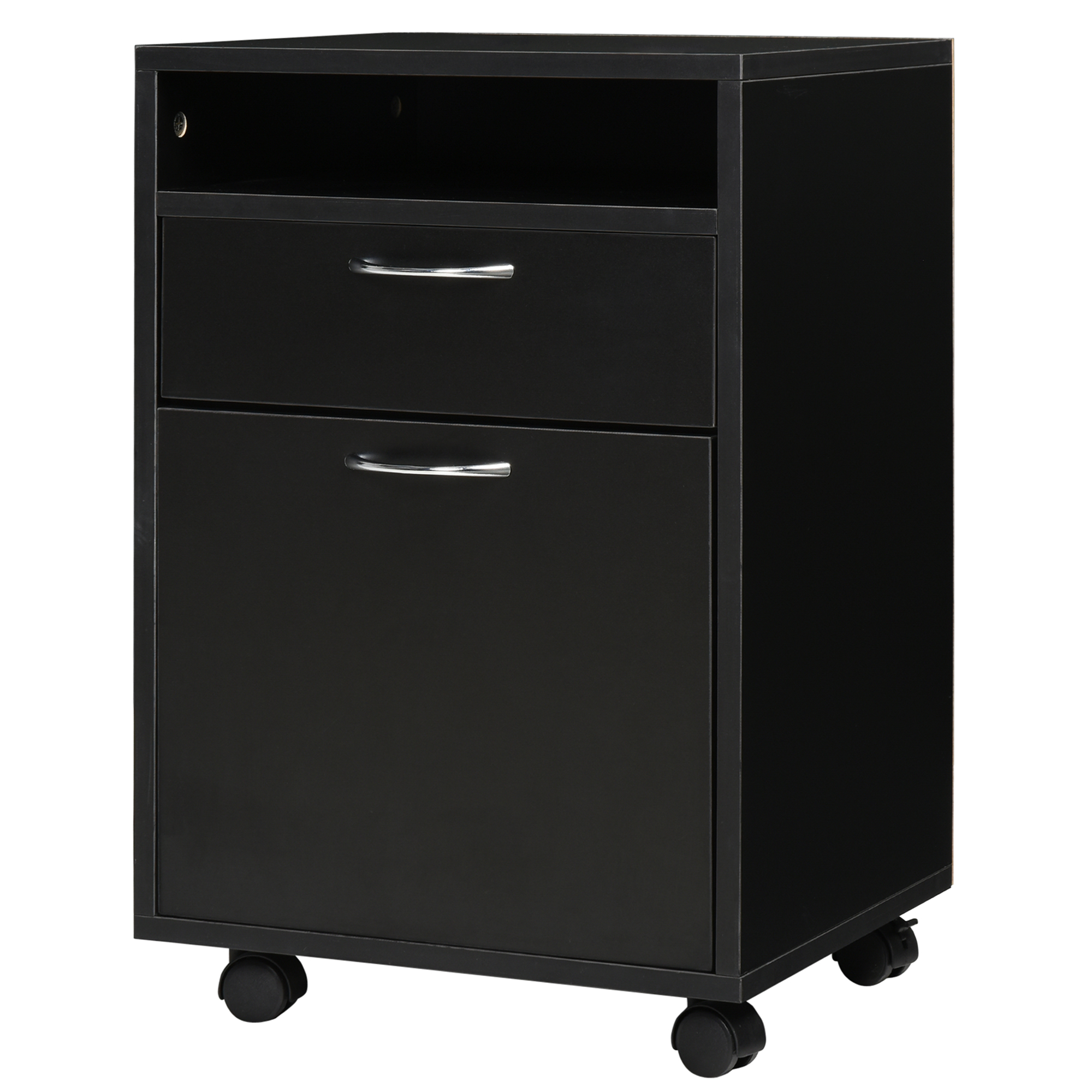 HOMCOM - Mueble de Oficina con Ruedas, Escritorio con Cajones, Armario, Nicho, Tablero de Partículas Negro