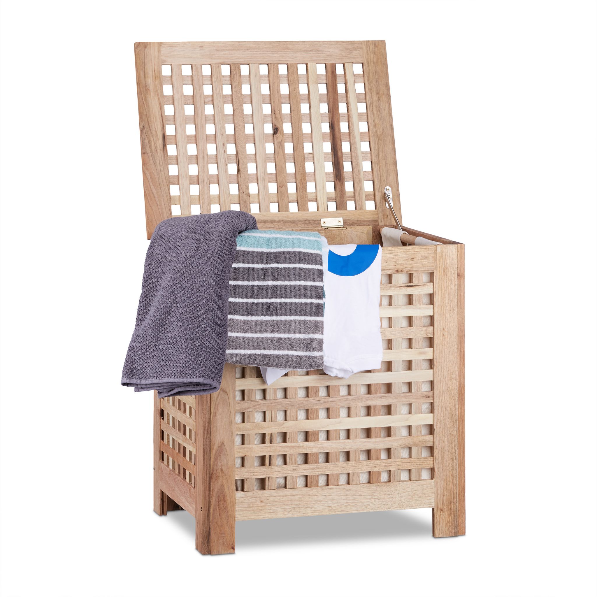 Cesto Portabiancheria, Cesta In Legno, Con Sacco E Coperchio, 70 L, Hbt: 55,5x52,5x39,5 Cm, Colore Naturale - Relaxdays