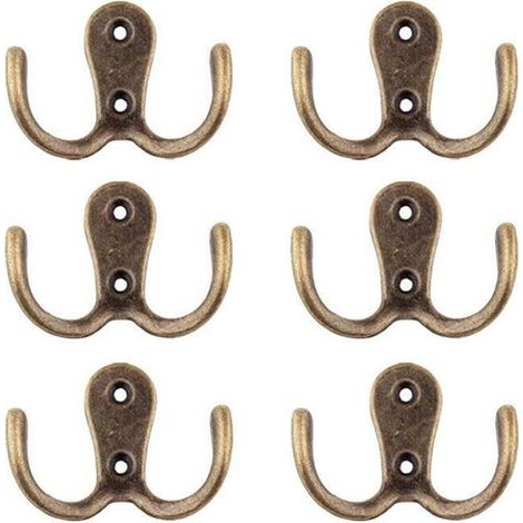 Patère murale double crochet bronze, métal, lot de 10 avec vis