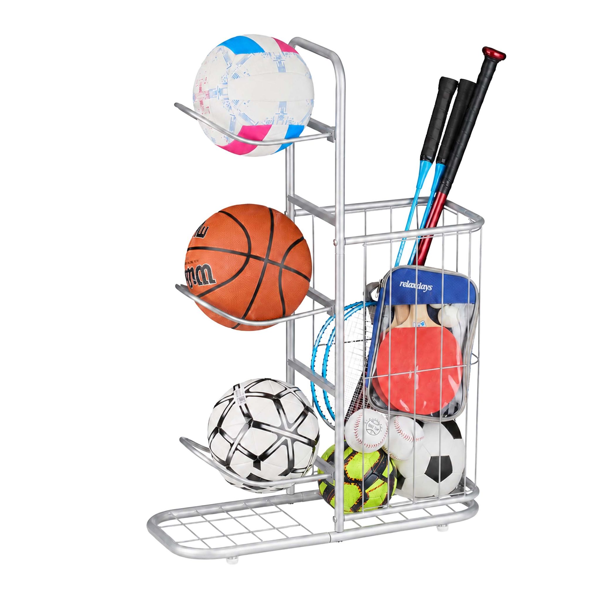 Relaxdays Ballständer, 3 Abnehmbare Ballhalter, Für Basketball, Fußball, Sportgeräteregal Mit Korb, Metall, Silber