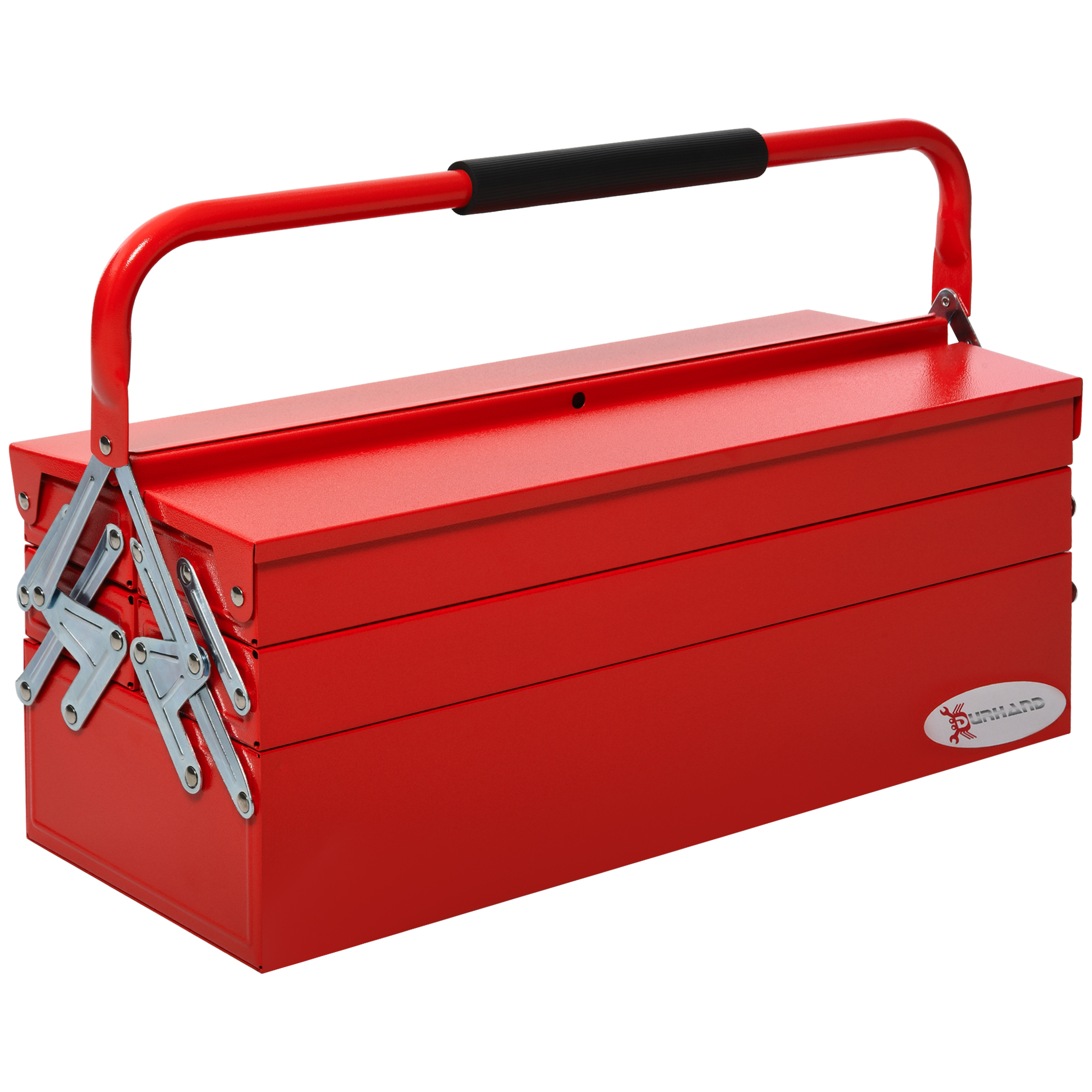 Boîte à outils pliable 5 compartiments 3 niveaux en acier, 57 x 21 x 41 cm, rouge