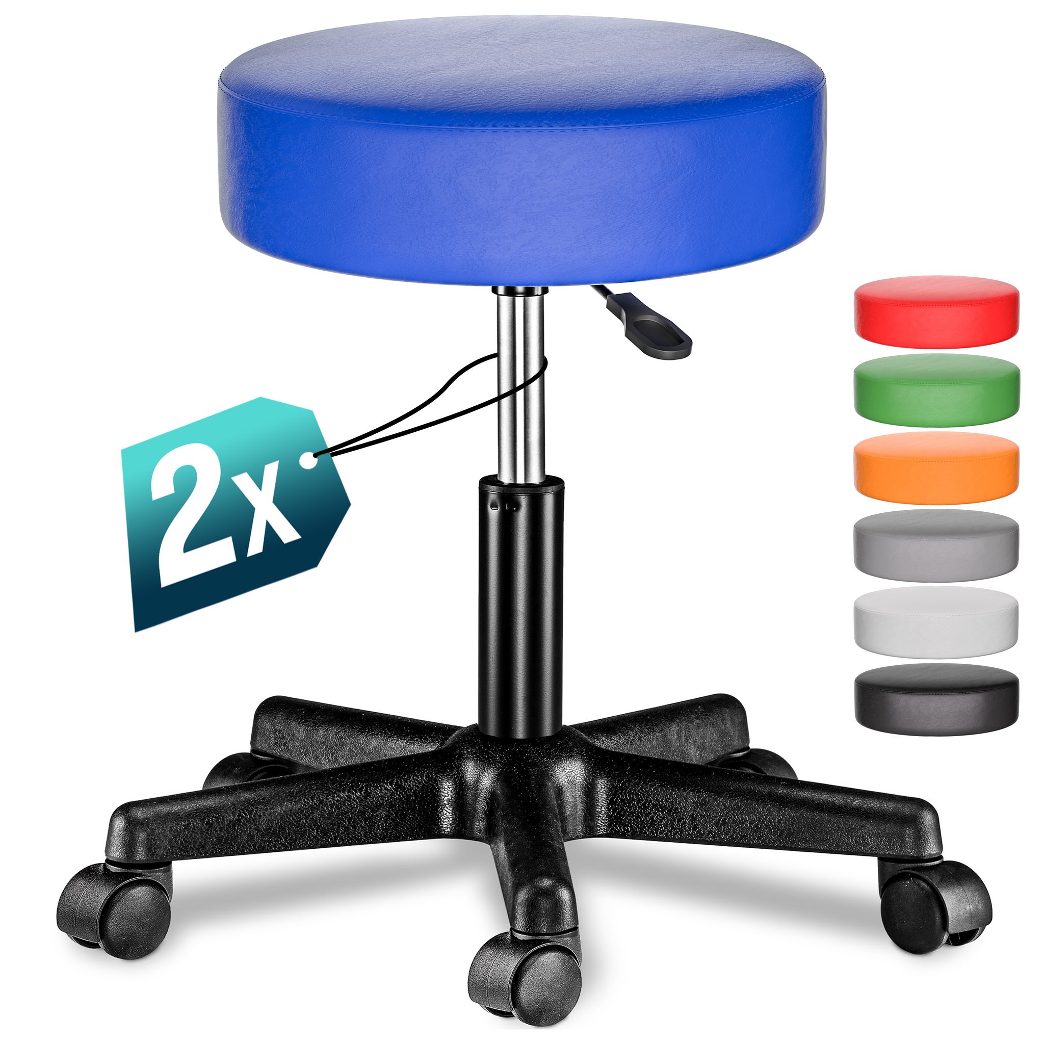 Rollhocker Höhenverstellbar 10cm Polsterung 46-60cm Sitzhöhe 360° Drehbar Ø35cm Rund Rollen Bürohocker Drehhocker Arbeitshocker Hocker 2er Set Blau - Casaria