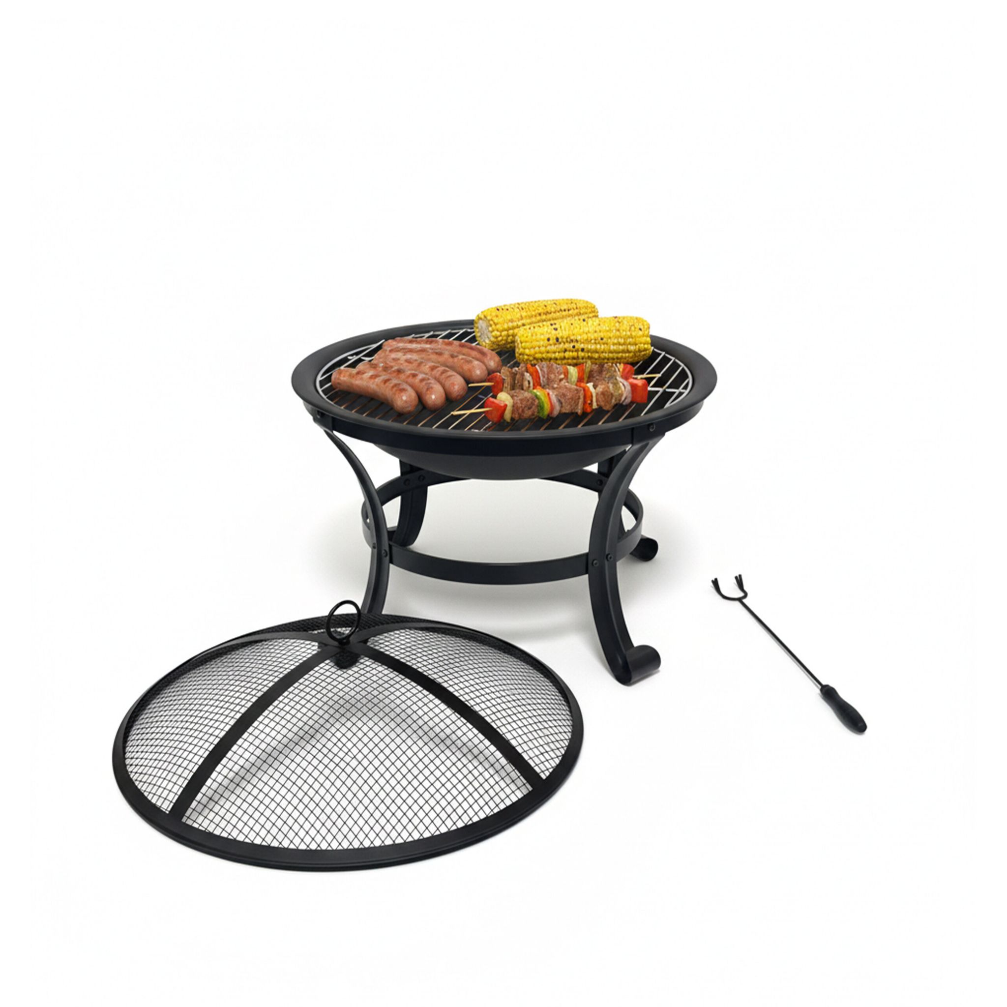 Relaxdays Fire Bowl, Ø 55 Cm, With Grill Grate, Spark Screen, Poker, Steel, Garden Fire Pit, Black
