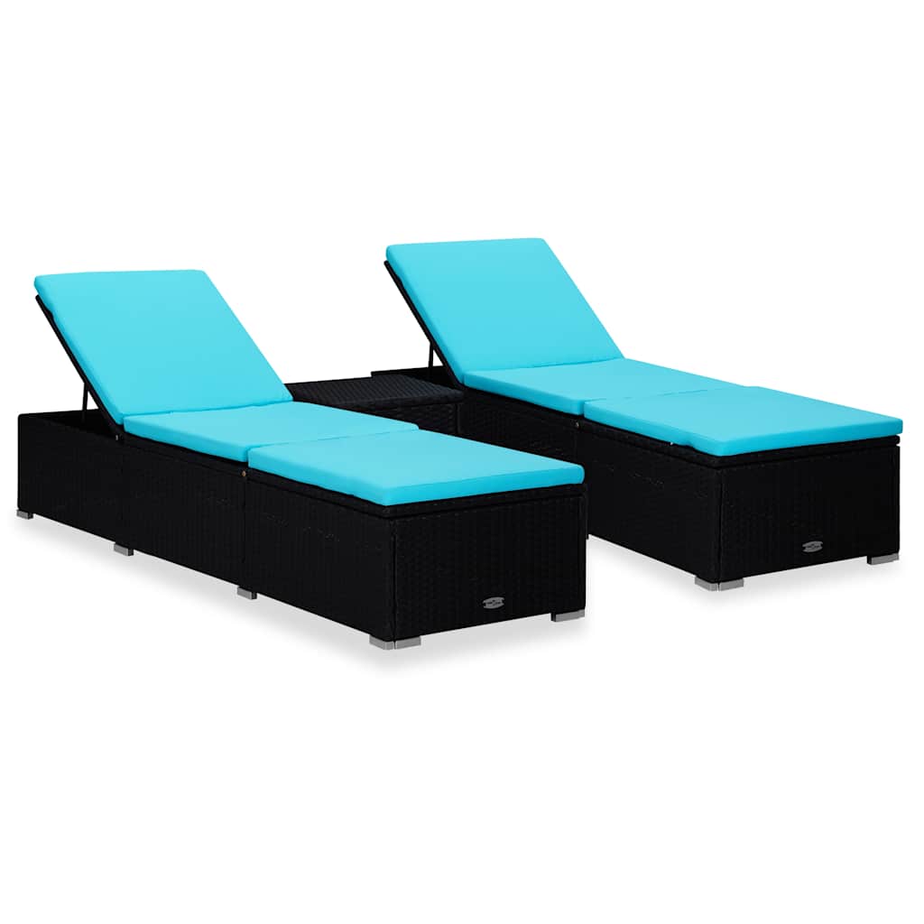 Vidaxl Schwarz - 3-Tlg. Garten-Sonnenliegen Mit Teetisch Poly Rattan