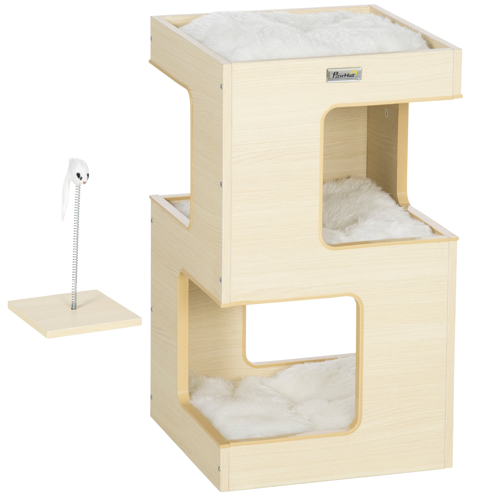 Katzenhöhle, 3-stufiger Katzenschrank Mit Kissen, Katzenhütte, Katzenhaus Mit Falschem Mausspielzeug, Katzenmöbel, Indoor, Eiche, 34 X 34 X 60 Cm - Pawhut