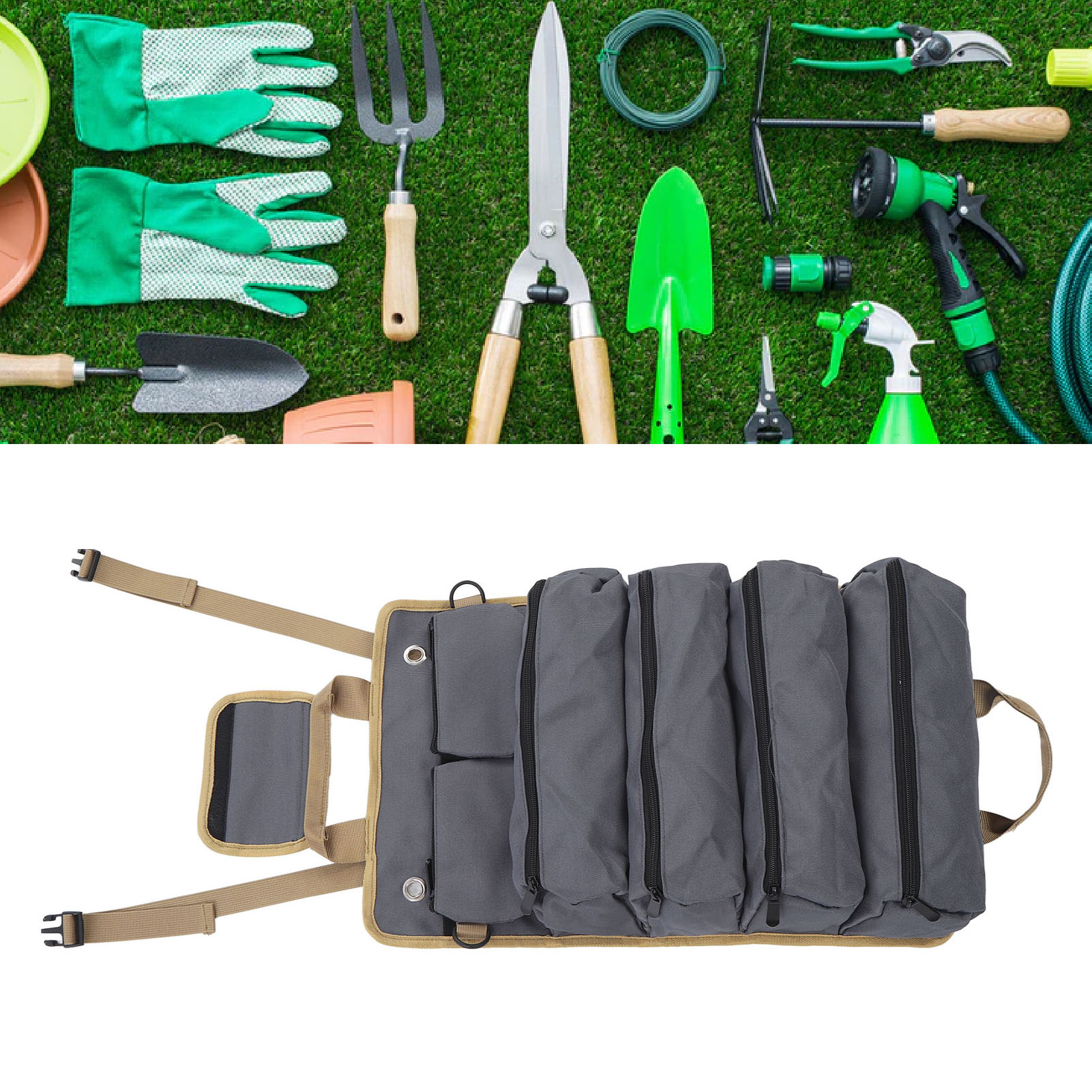 Sac à outils enroulable en tissu Oxford, poches multiples, poignée et sangle, gris