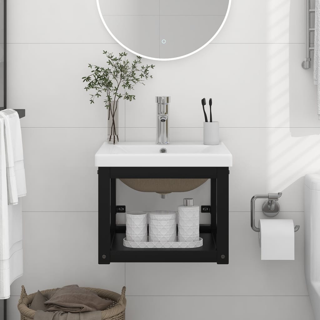 Vidaxl Schwarz Badezimmer-Waschtischgestell Mit Waschbecken Eisen