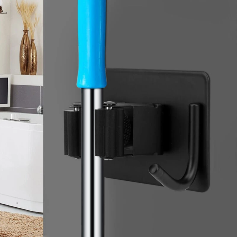 Support mural pour balai en acier inoxydable et silicone, fixation adhésive, 13,6 kg, noir