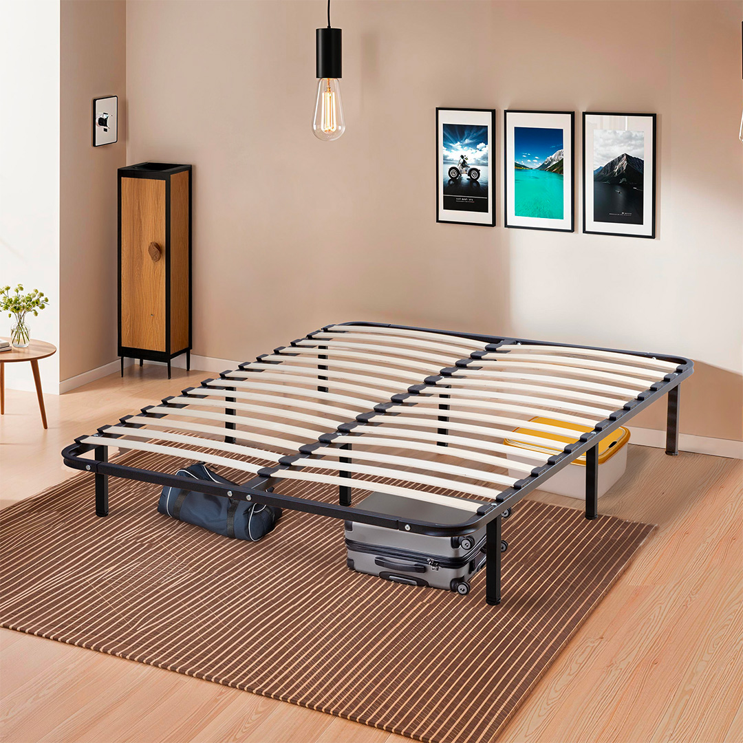 Sommier Kit Cadre À Lattes En Bois Et Métal Noir 160x200 Cm – Structure