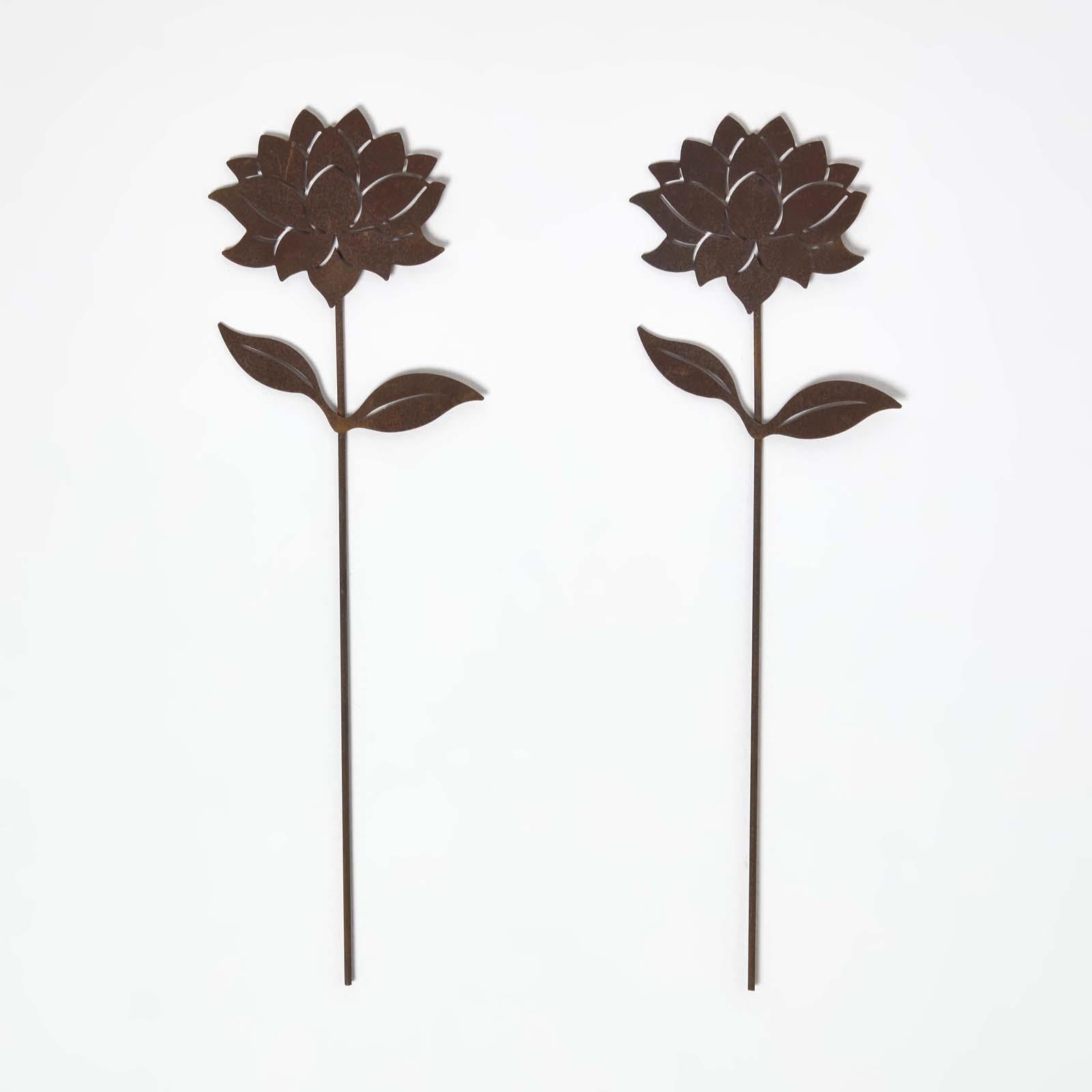 Homescapes Gartenstecker Rost – Dahlien Gartendeko 2er-set, Wetterfeste Gartenfiguren Aus Metall Für Draußen, Rost Deko Für Garten, Terrasse &