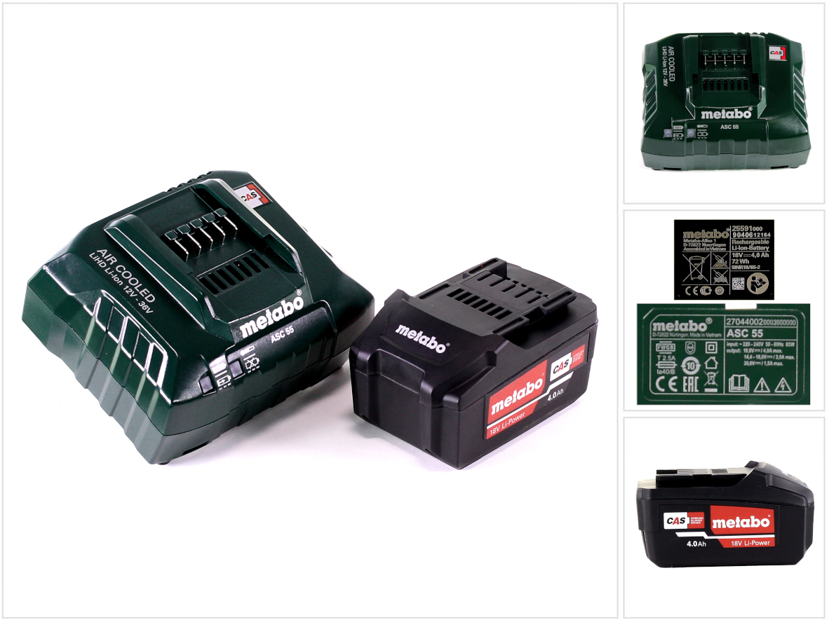 Metabo Basis Set 1x Li-power Akkupack 18 V 4, 0 Ah Cas Li-ion Akku ( 625591000 ) + Ladegerät Asc 55 ( 627044000 )
