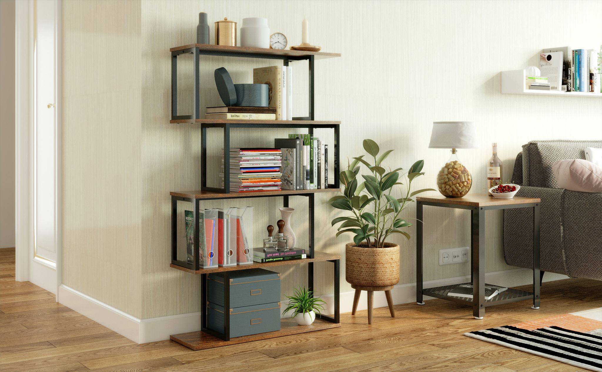 Mondeer – Bibliothèque Industrielle 5 Niveaux En Métal Marron – Étagère