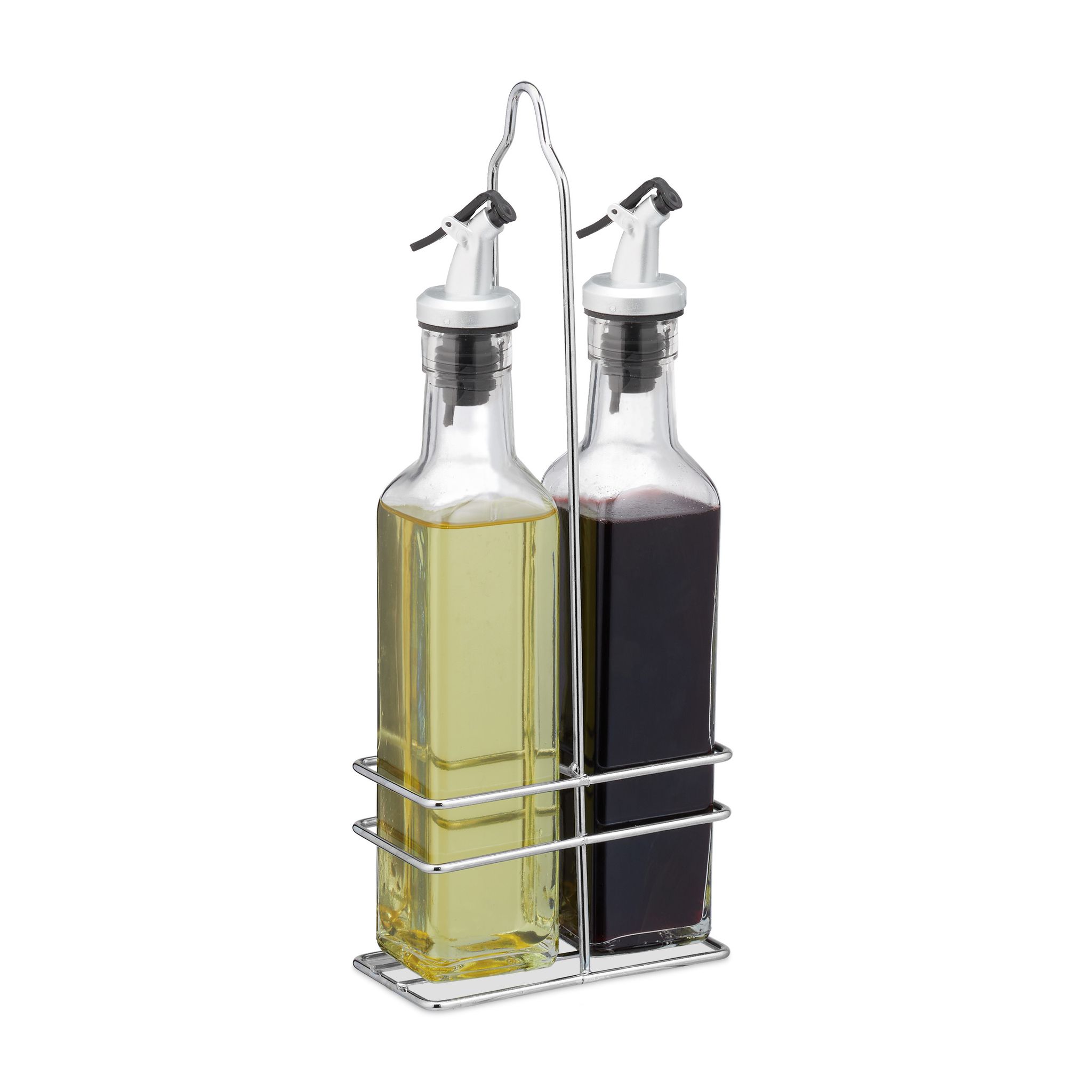 Relaxdays Transparent Essig Und Öl Spender, Mit Ausgießer, 2 In 1 Für Küche, Ölflaschen Mit Ständer, Glas, 2 X 250 Ml,