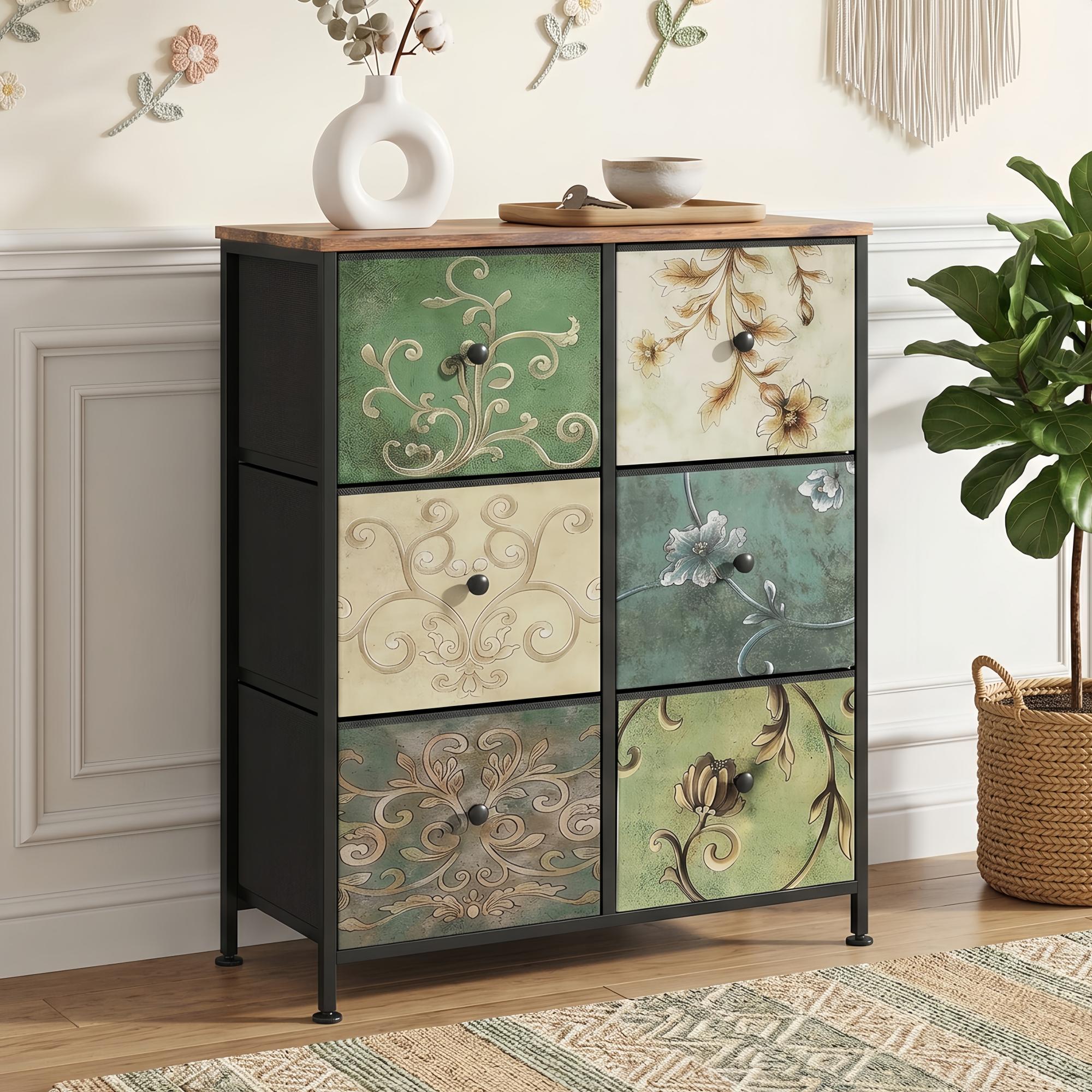 Commode 6 Tiroirs Vert 67 Cm - Meuble De Rangement Et Poignées Noires