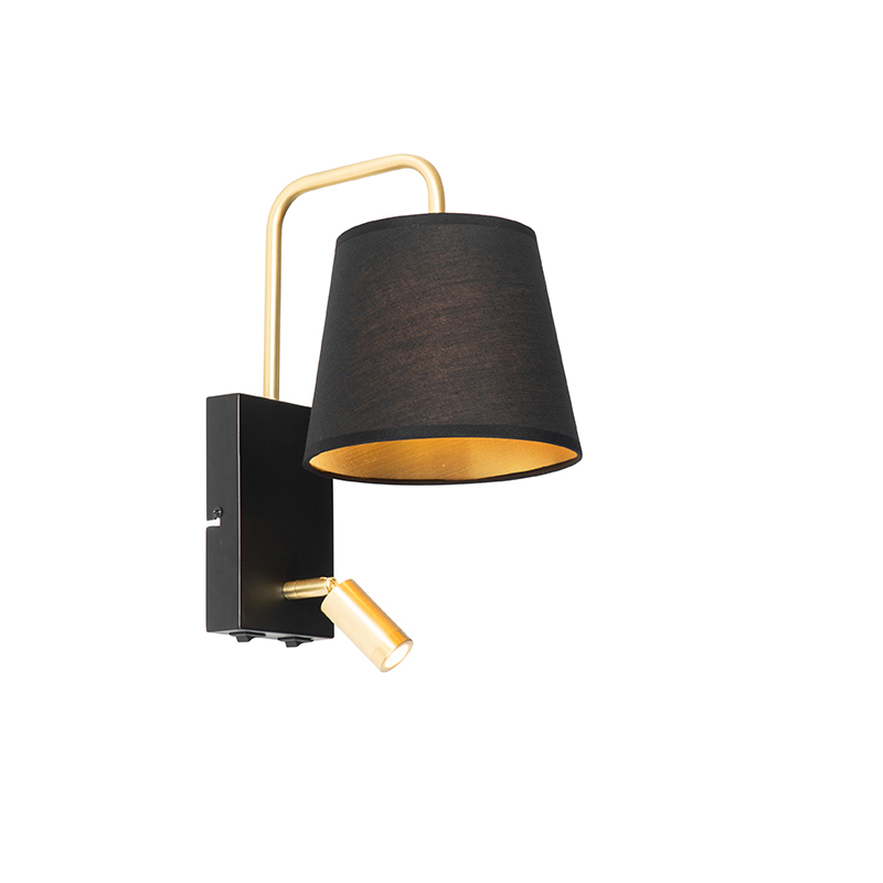 Renier - Led Applique Murale Avec Lampe De Lecture - 1 Lumière - L 18 Cm - Noir Et Or - Moderne - Éclairage Intérieur - Éclairage Intérieur,bureau,chambre - Qazqa