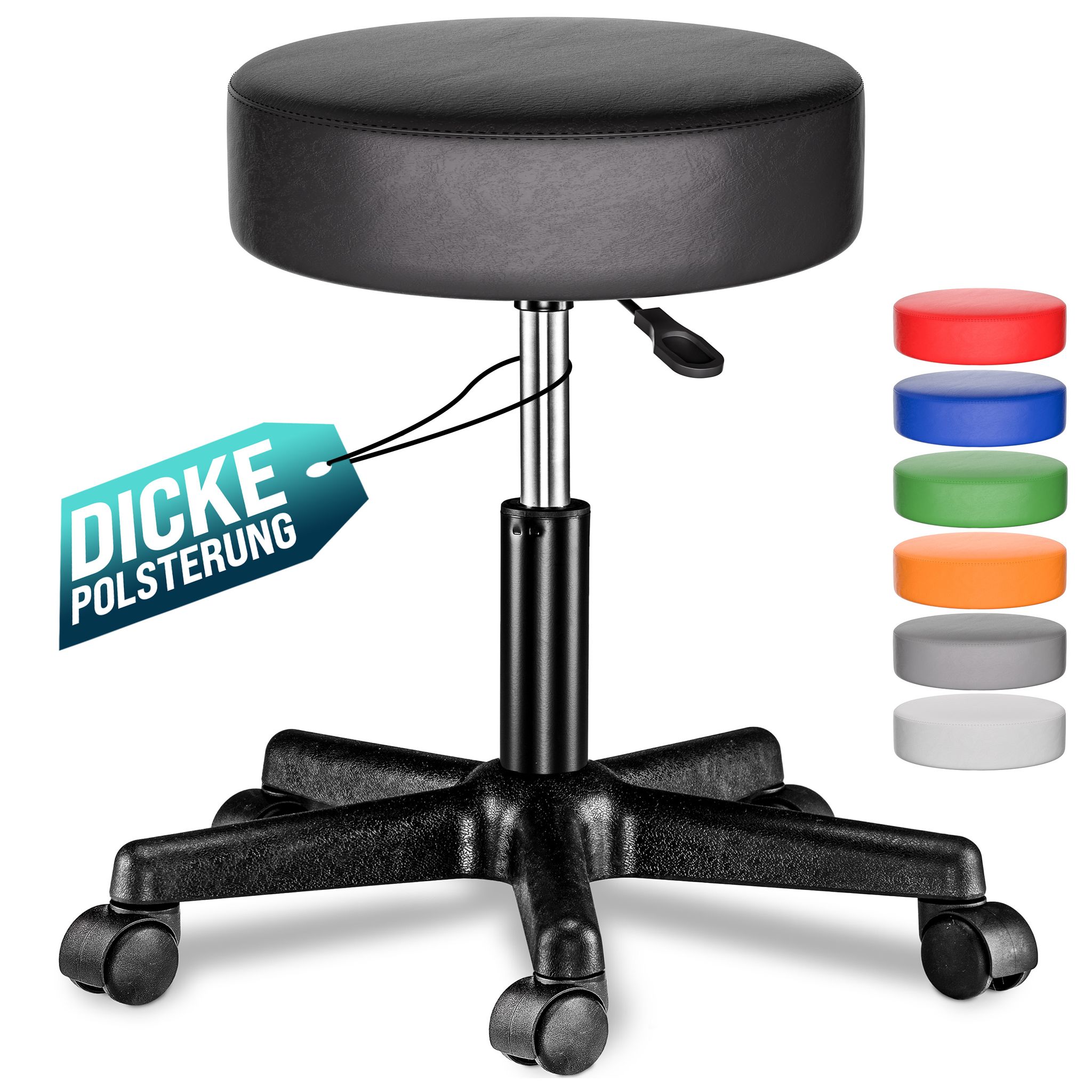 Rollhocker Höhenverstellbar 10cm Polsterung 46-60cm Sitzhöhe 360° Drehbar Ø35cm Rund Rollen Bürohocker Drehhocker Arbeitshocker Hocker Schwarz - Casaria