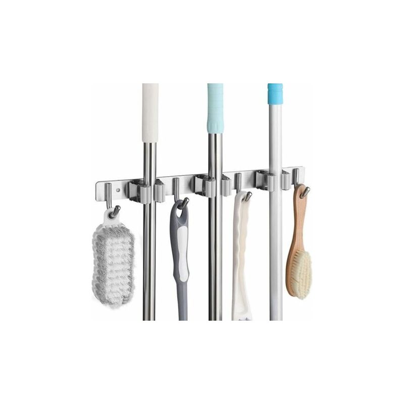 Porte-balai mural en acier inoxydable 304, 3 emplacements et 4 crochets, gris, 38 cm