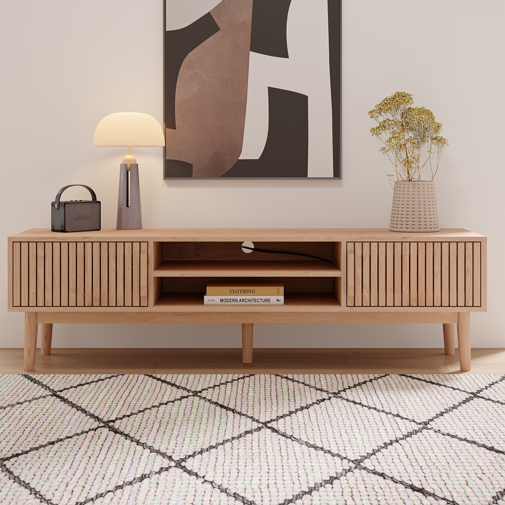 Tanant - Meuble Tv En Bois 150cm Avec Cloisons Ouvertes Et 2 Portes De