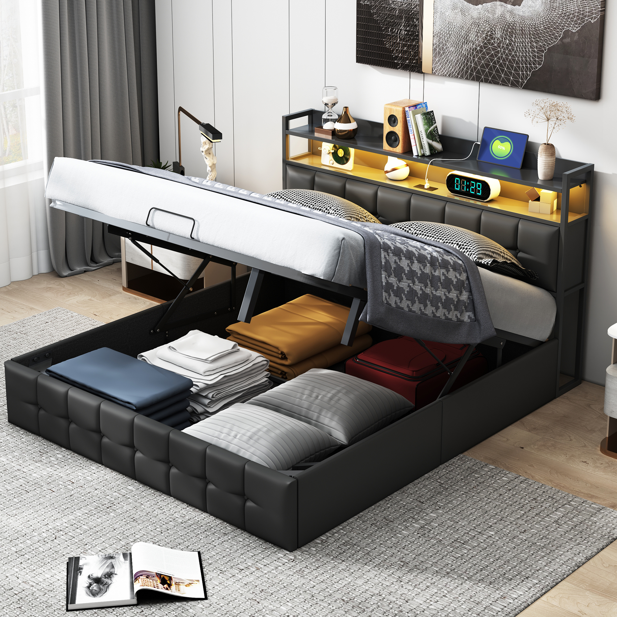 Pergar – Lit Coffre 160x200 En Pu Noir – Tête De Lit Avec Rangement