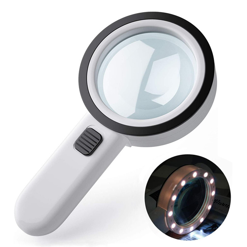 Loupe de poche éclairée à fort grossissement 30x, verres en verre, cadre ABS blanc, 20,5 × 10,6 cm