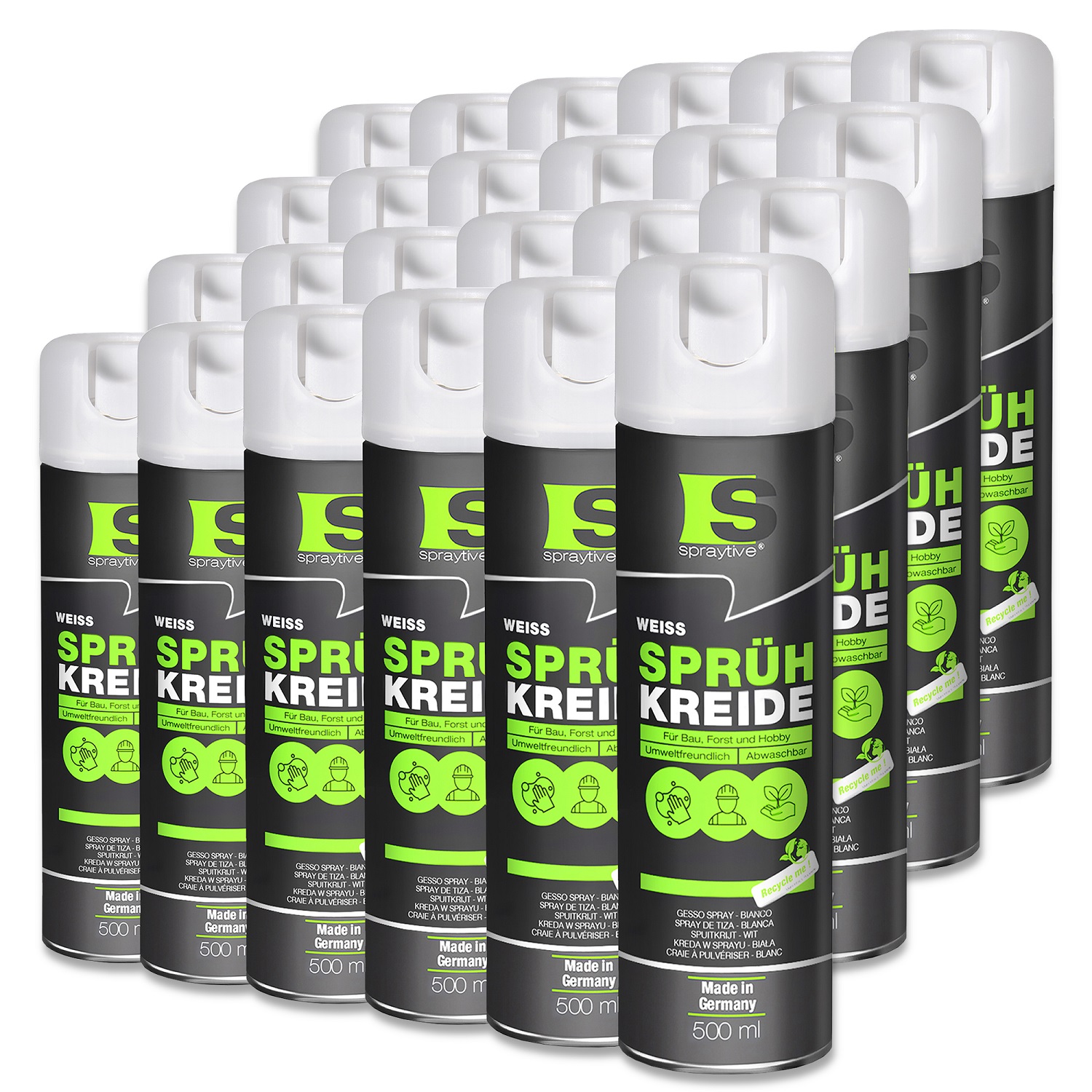 Spraytive 24x 500ml Sprühkreide Weiß - Abwaschbare Leuchtende Kreidefarbe, Outdoor Kreidespray, Bodenmarkierung, Temporäres Markierungsspray