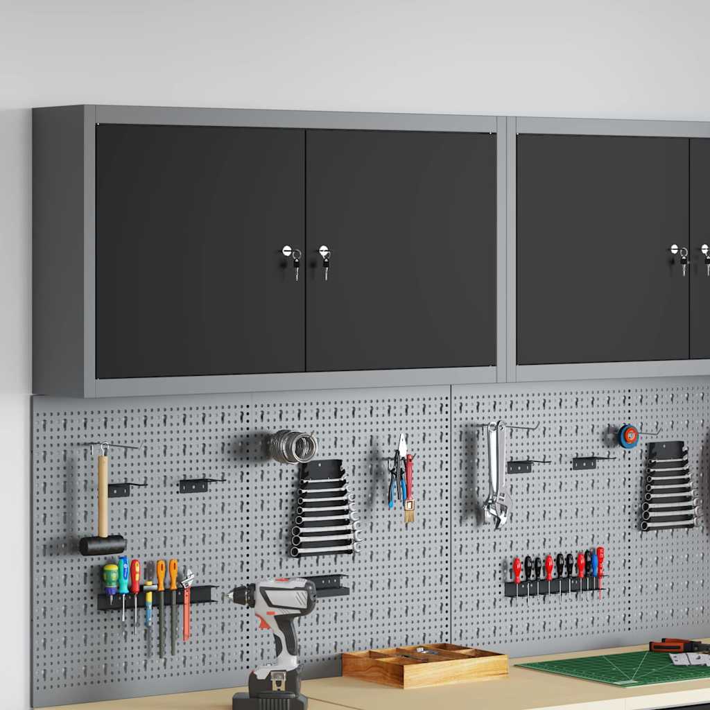 Armoire à outils 3 étagères réglables en acier et bois d'ingénierie, 2 serrures à came, 100 x 20 x 55 cm, noir et gris