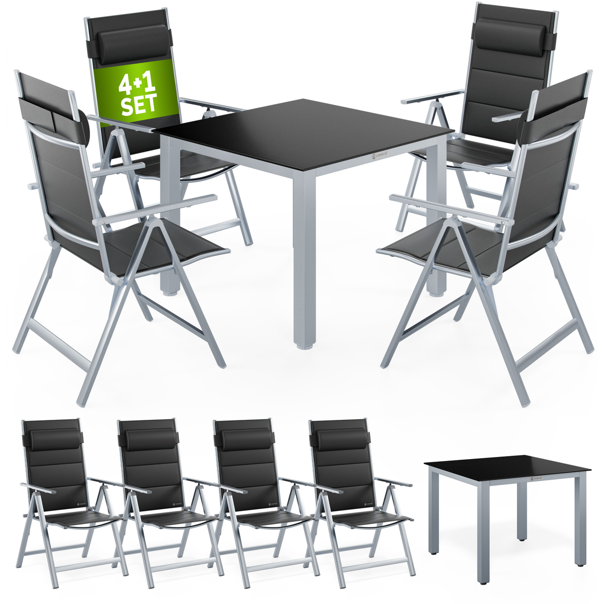 Gartenmöbel Set 4 Stühle Klappbar Mit Gartentisch Alu Inkl. Kopfkissen 8-fach Verstellbare Rückenlehne 90x90cm Wetterfest Outdoor Terrasse Balkon Sitzgruppe Silber - Casaria