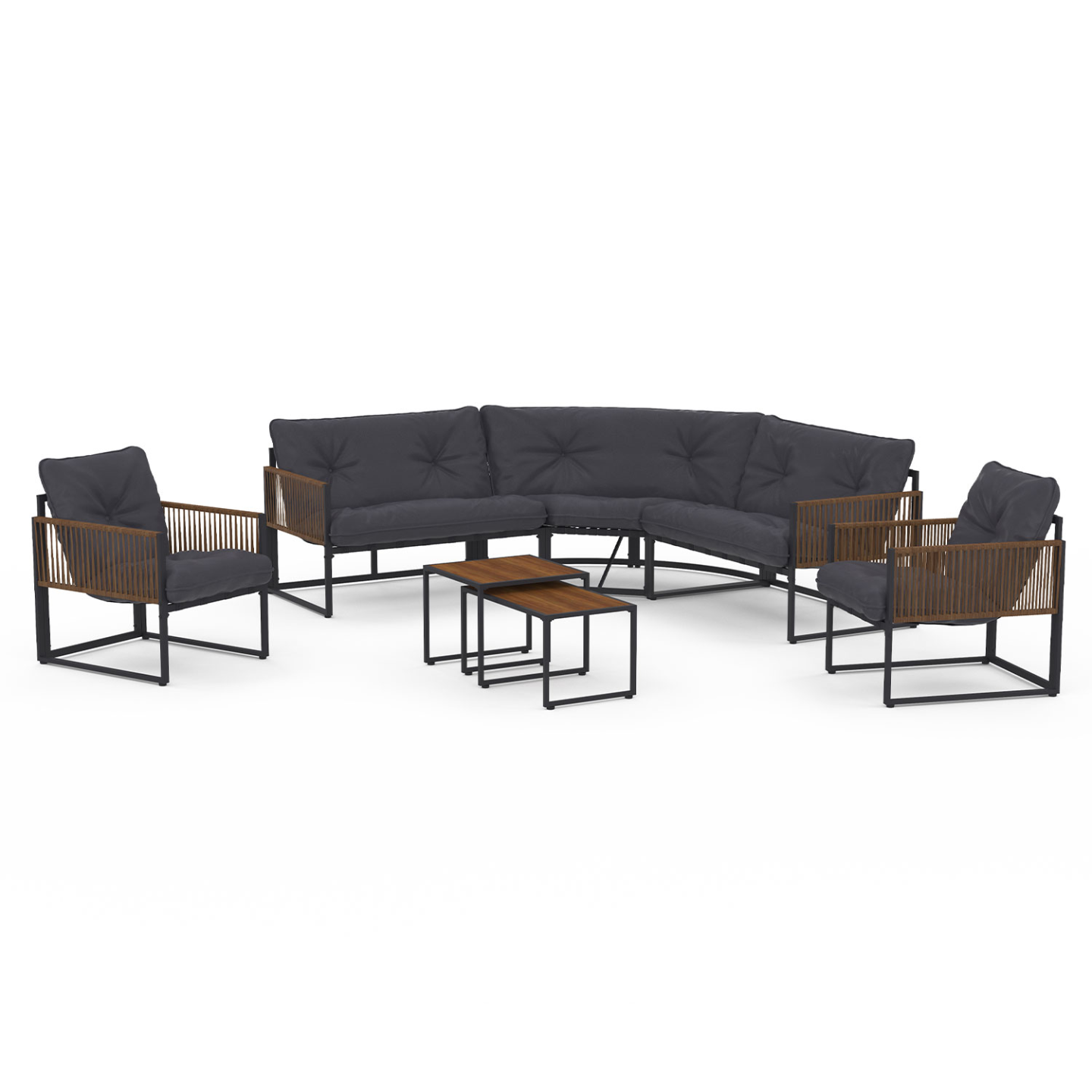 Idmarket – Salon De Jardin Bas Rio 8 Places – Canapé D'Angle En Acier Gris Anthracite – Coussins En Polyester 180 Gr/m² – Tables Basses Incluses