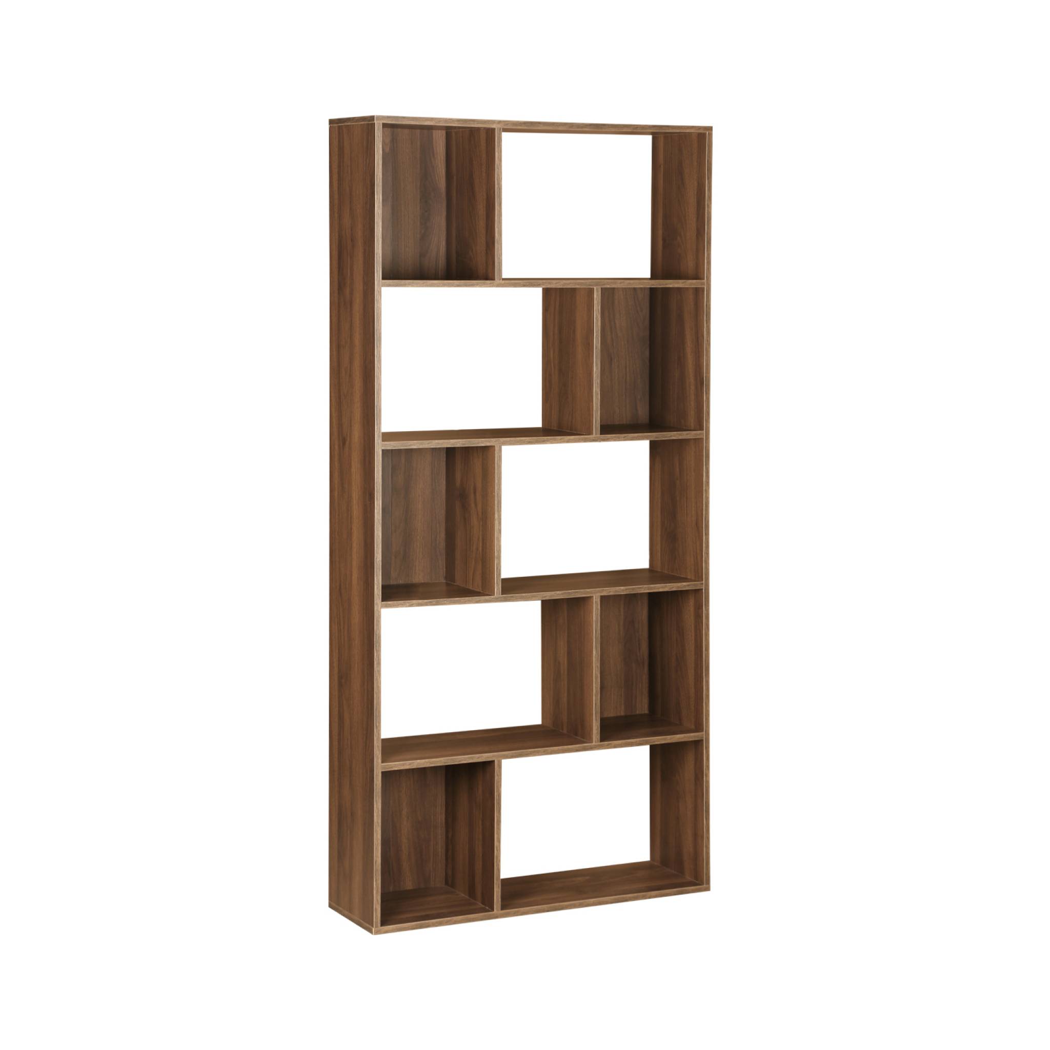 Sweeek - Bibliothèque Design Asymétrique Couleur Bois Foncé Noyer– Pieter – 5 Étagères. 10 Compartiments De Rangement. 83x23x173cm