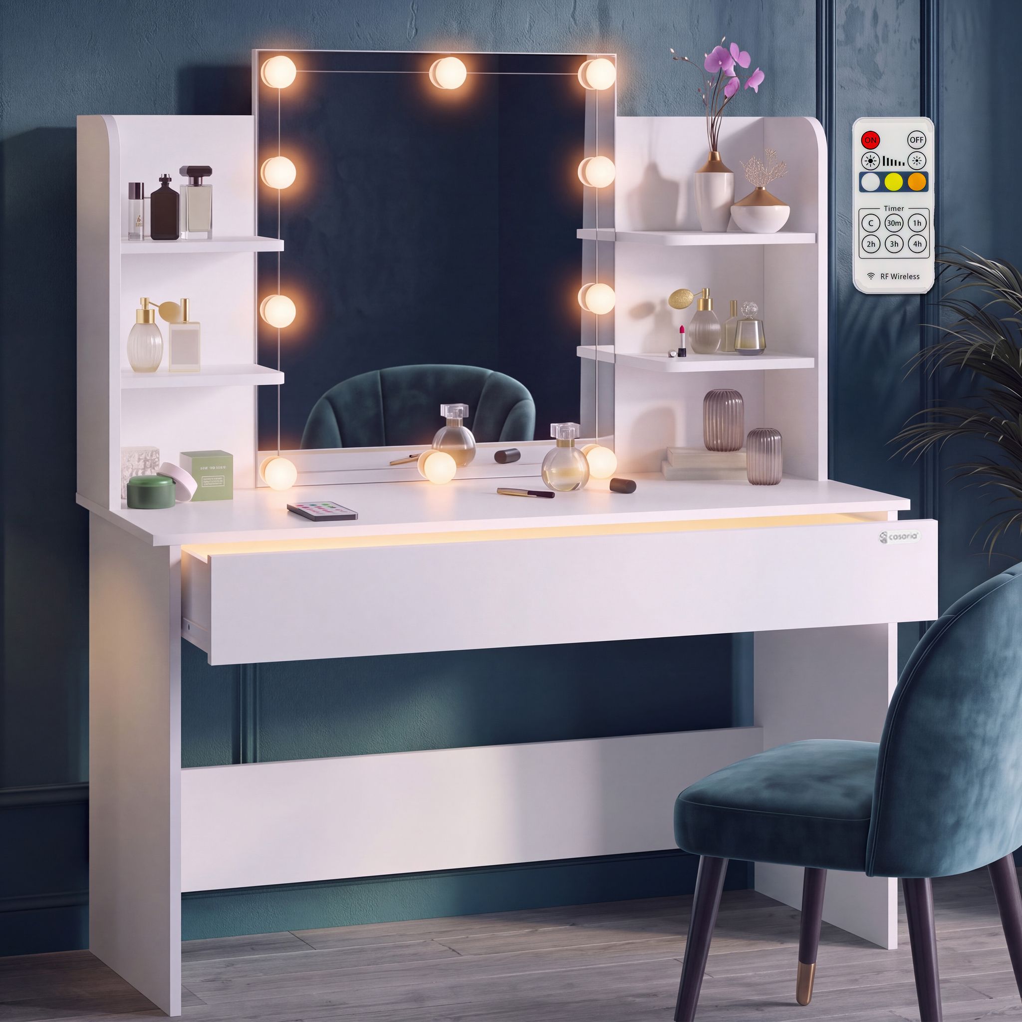 Schminktisch Lucia 140x110x40cm Spiegel Schublade Led Beleuchtung 3 Fächer Ablagen Schlafzimmer Frisiertisch Schminkkommode Make-up Holz Weiß 108x40x140cm Weiß Mit Led - Casaria