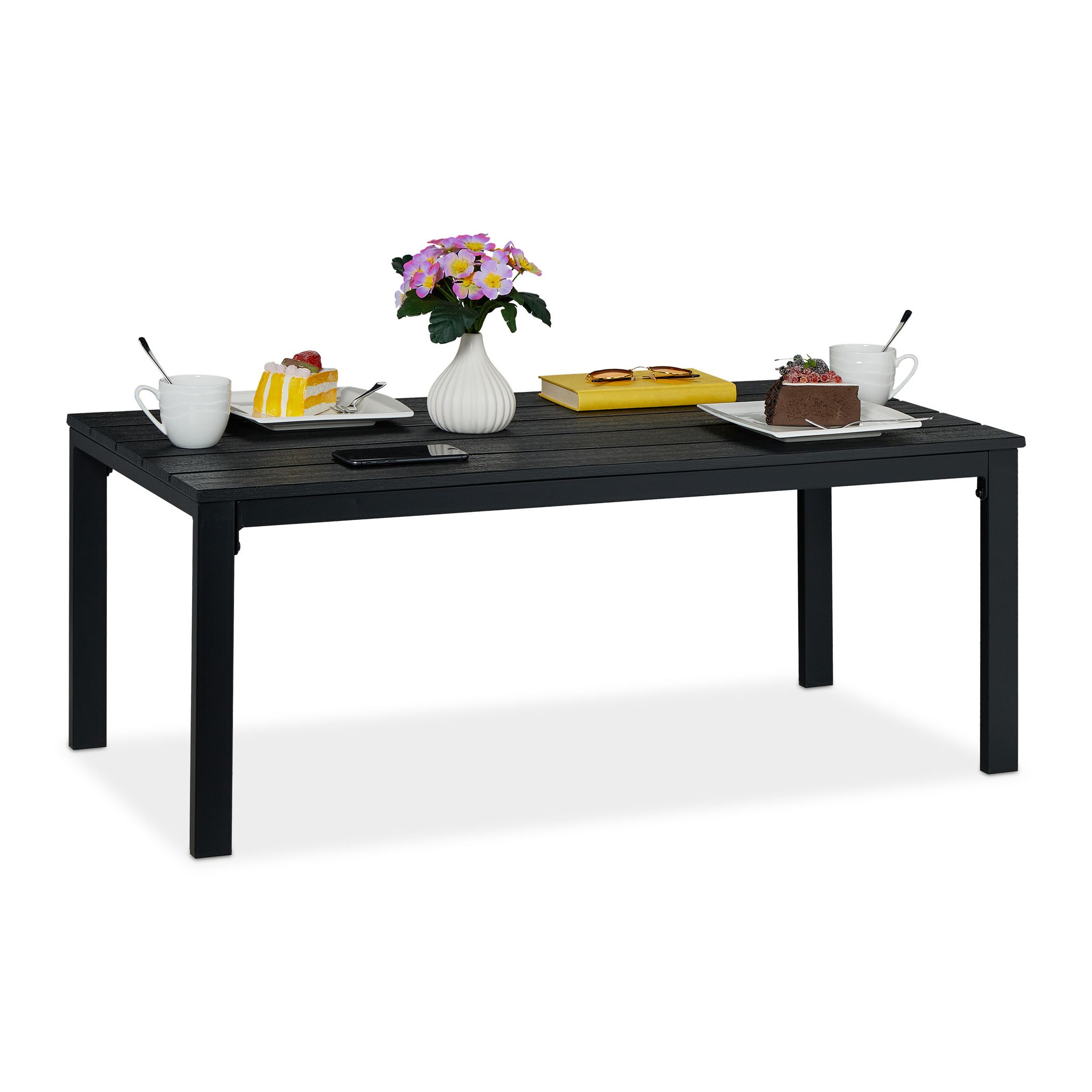 Relaxdays – Table De Jardin Rectangulaire Noire – Plateau Aspect Bois
