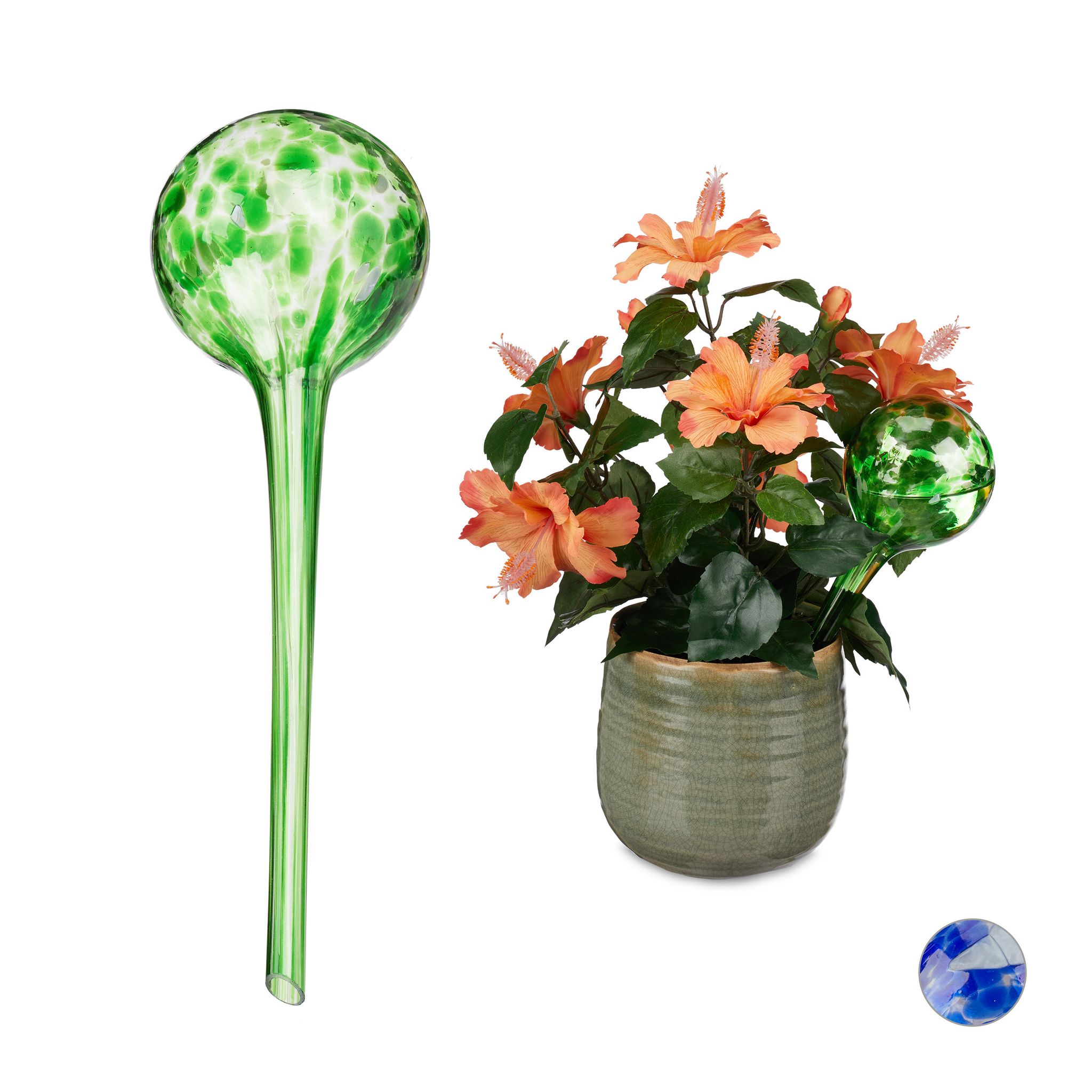 Relaxdays Sfere Irrigazione Set 2, Irrigazione Dosata Per Piante, Vaso, Aiuto In Ufficio O Vacanza, Vetro Ø 9 Cm, Verde