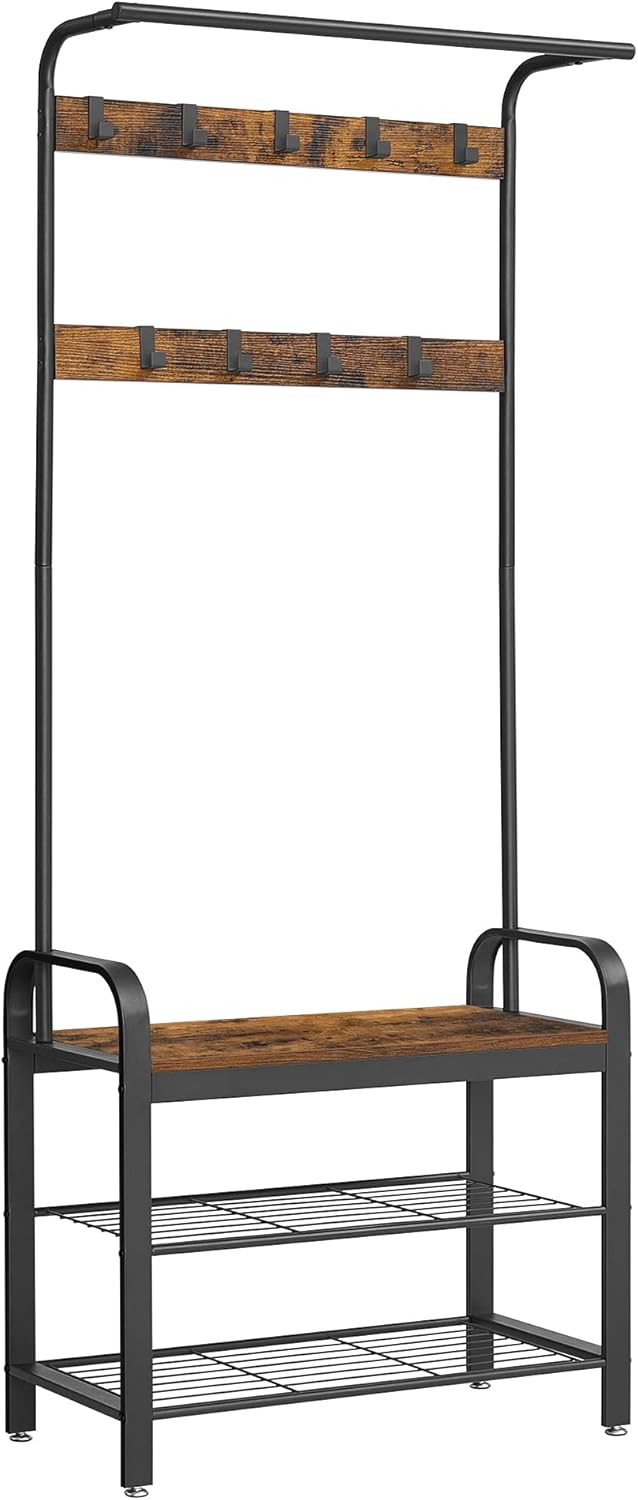 Songmics - Vasagle Portemanteau,vestiaire D'Entrée, Avec Crochets Amovible, Banc Et Étagère À Chaussures, 72 X 33,7 X 183 Cm, Cadre En Métal, Style Industriel,marron Rustique Et Noir Hsr40b