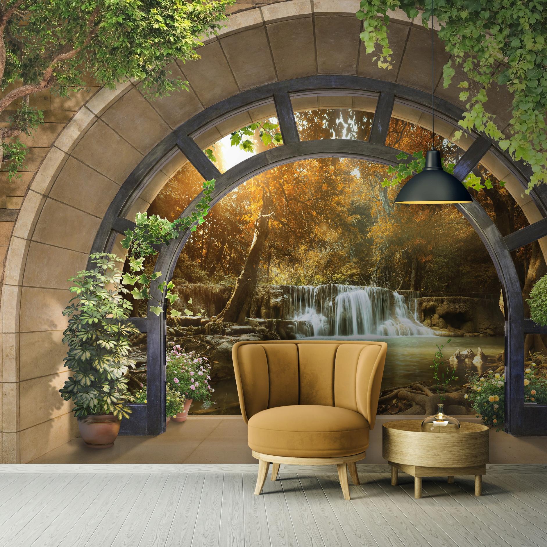 Wallarena Vlies Fototapete Wasserfall Fensterblick 400x280 Cm, Tapeten, Für Wohn Und Schlafzimmer, Vliestapete Wandtapete Tapete 3d Effekt- Inkl. Kleister -